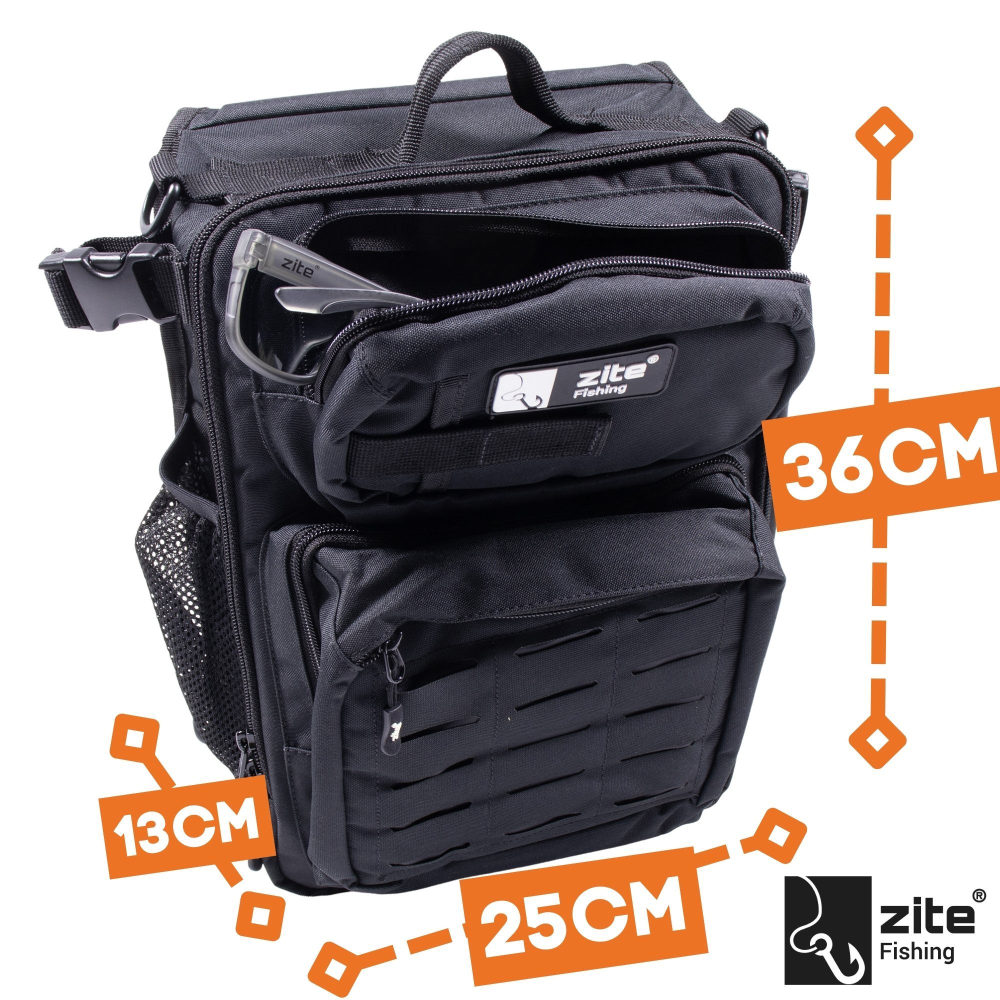 Zite Angelrucksack Sling-Rucksack 2 Tackleboxen 36 x 25 x 13 cm Angeltasche