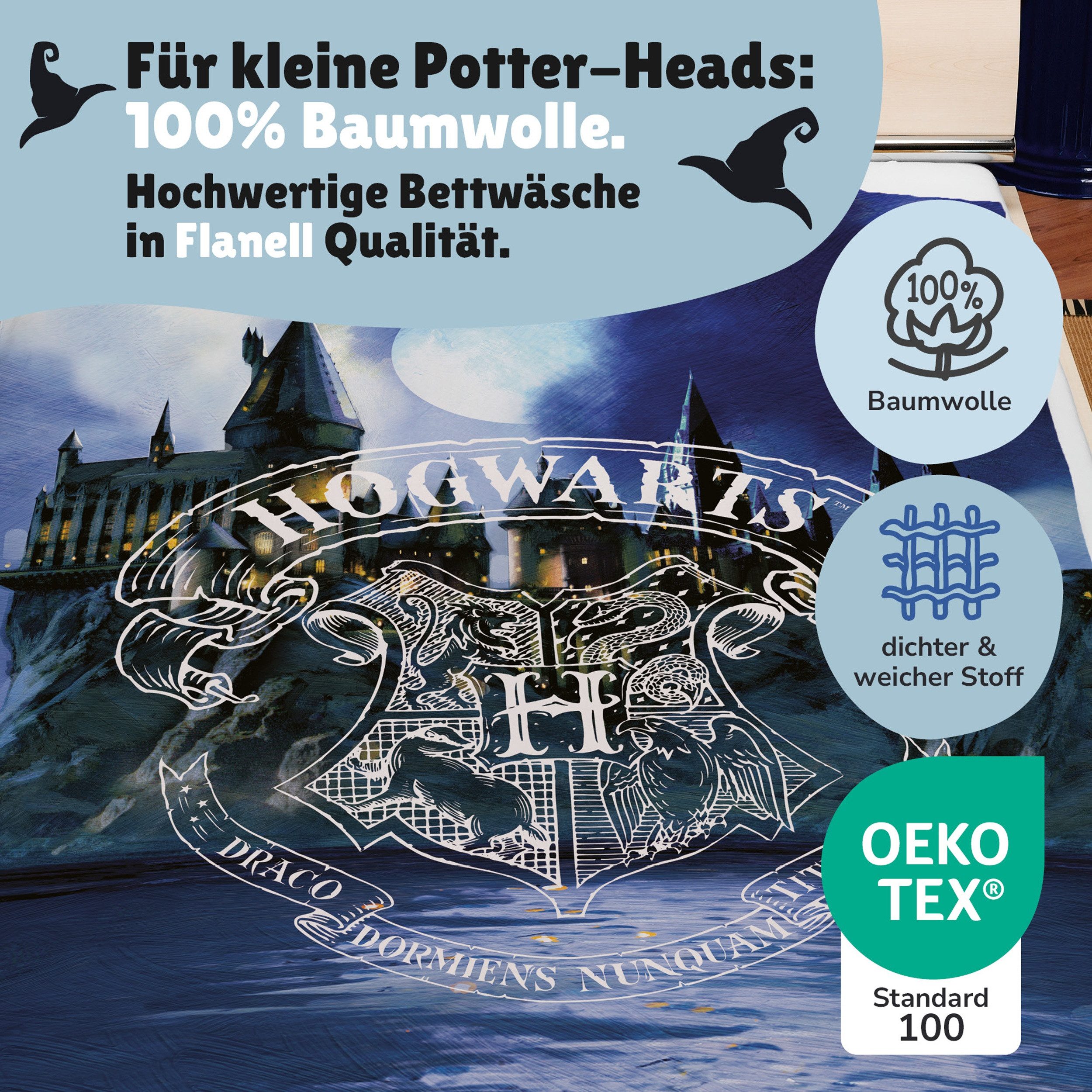 Familando Jugendbettwäsche Harry Potter "Eule" 135x200 80x80 cm - 100% Baumwolle, Reißverschluss, Biber, 2 teilig, mit Wendemotiv Eule Hedwig und Hogwarts – Bild 4 von 5