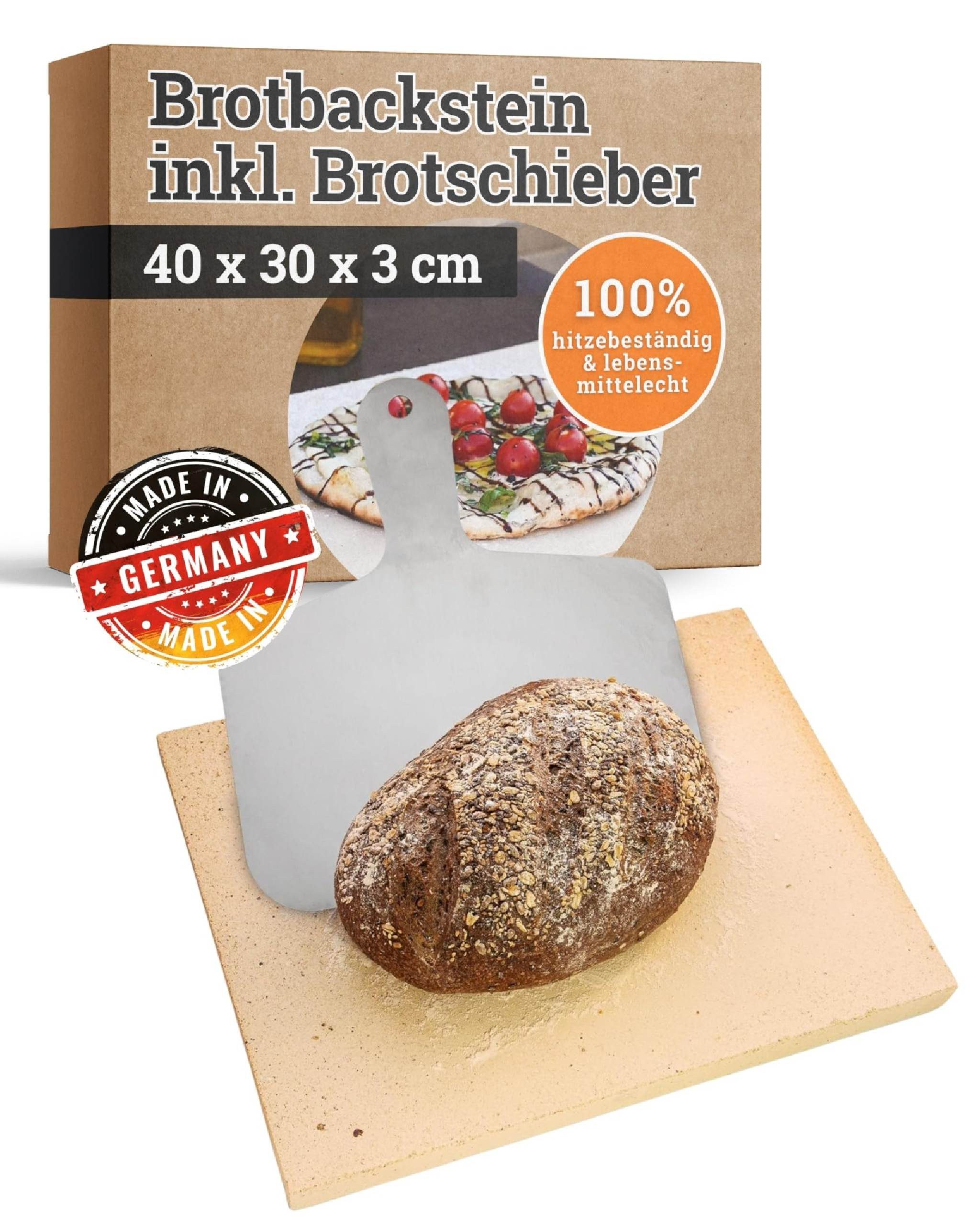 Feuerfest 123 GmbH Backstein Brotbackstein 40 x 30 x 3 cm Schamotte und Brotbackschieber 28 x 32 cm, (im Set, Brotbackstein rund inkl. Schieber aus Edelstahl), Für Backofen & Grill für einen unverwechselbaren Geschmack