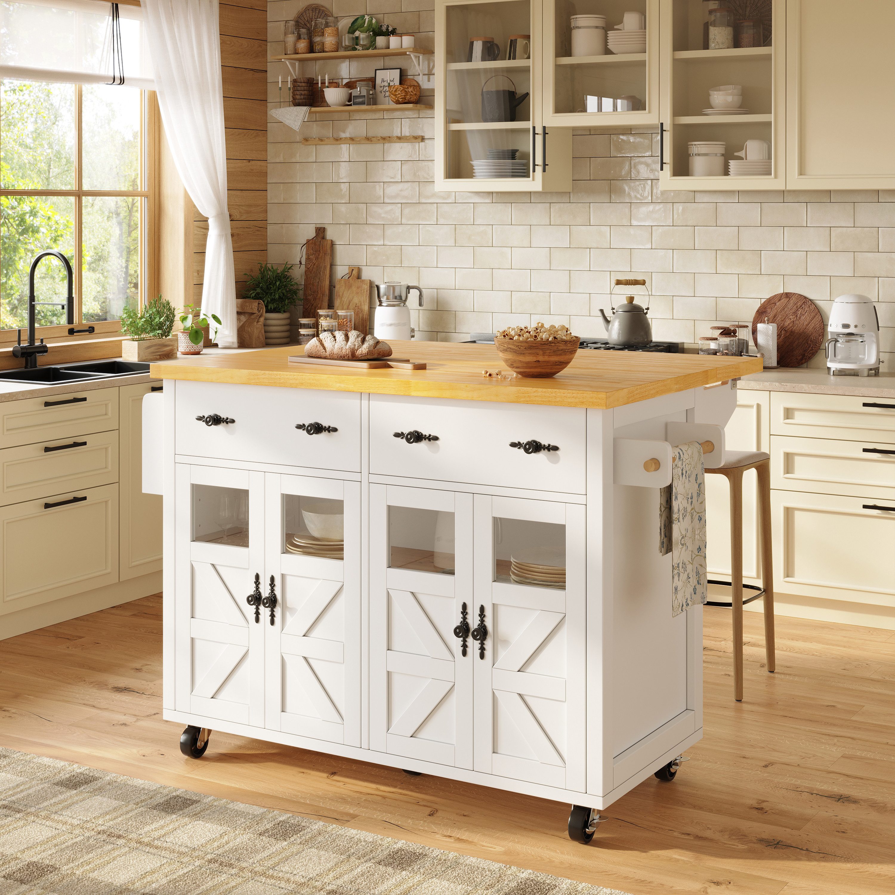 i@home Kücheninsel Küchenwagen mit Rollen und Arbeitsplatte ausziehbare Servierwagen, (Sicherheitsglas, große Schublade), 2-Modi-System, freistehender Kücheninseln für Küche & Esszimmer