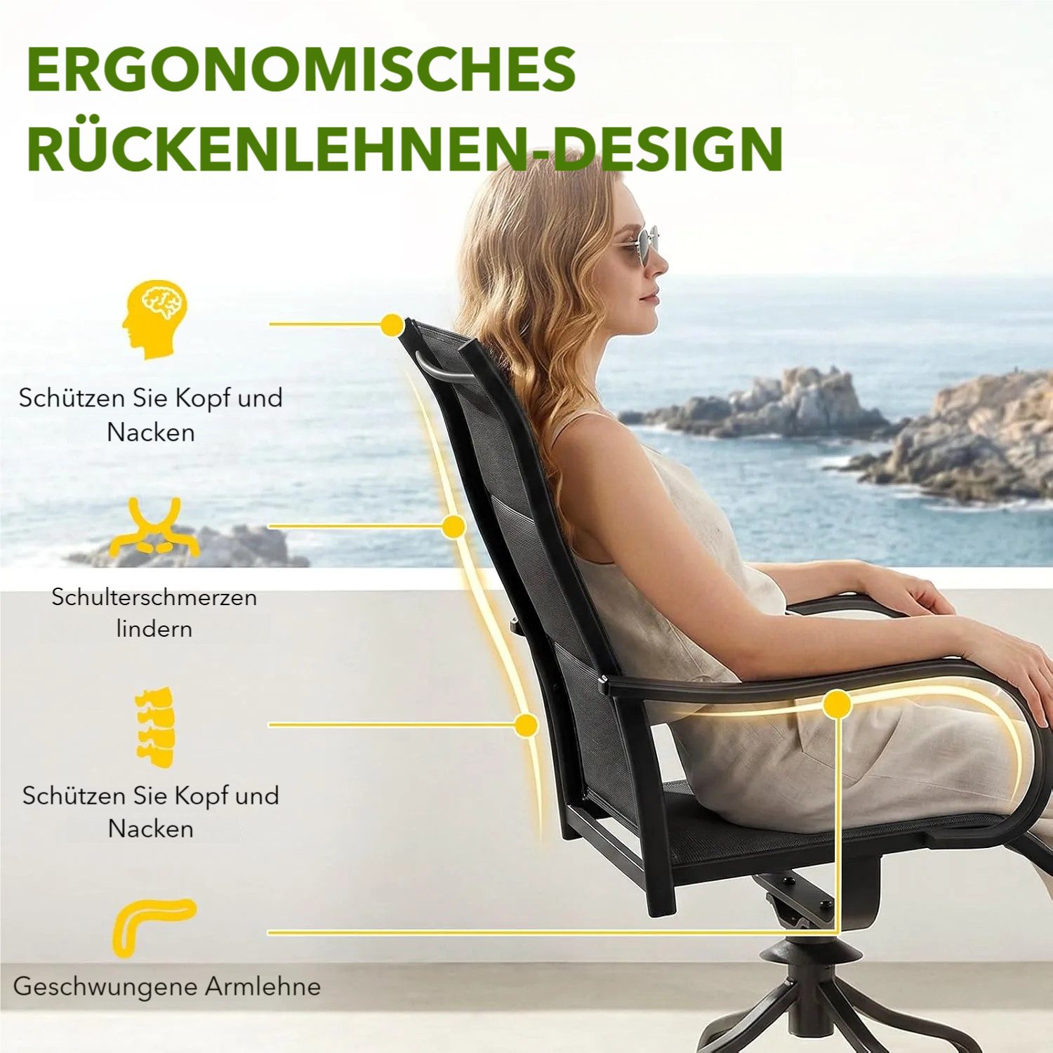 TLGREEN Gartenstuhl hochlehner 2er Set,360° drehbar, Drehstühle Wetterfeste, (Gesteppte Rückenlehne & Sitzfläche, bis 150 kg belastbar, 2 St), Für Terrasse Gart – Bild 3 von 5