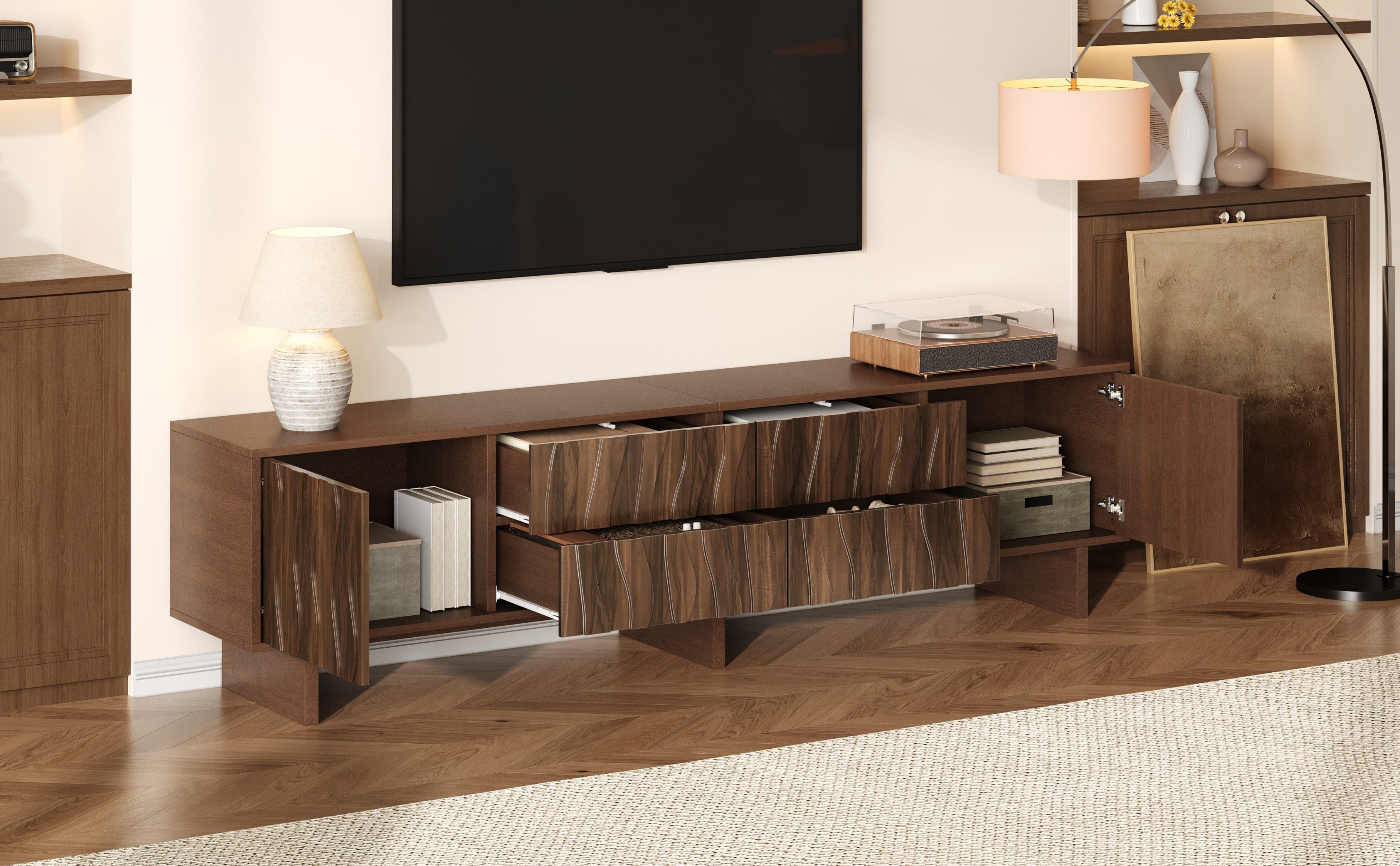 STILVORA Lowboard TV-Schrank mit 4 Schubladen Wohnzimmerschrank für bis zu 75 Zoll (TV-Ständer mit Wellenförmigen Design, Aufbewahrungsmöglichkeit aus offenen und geschlossenen Türen), Nussbaum dunkel