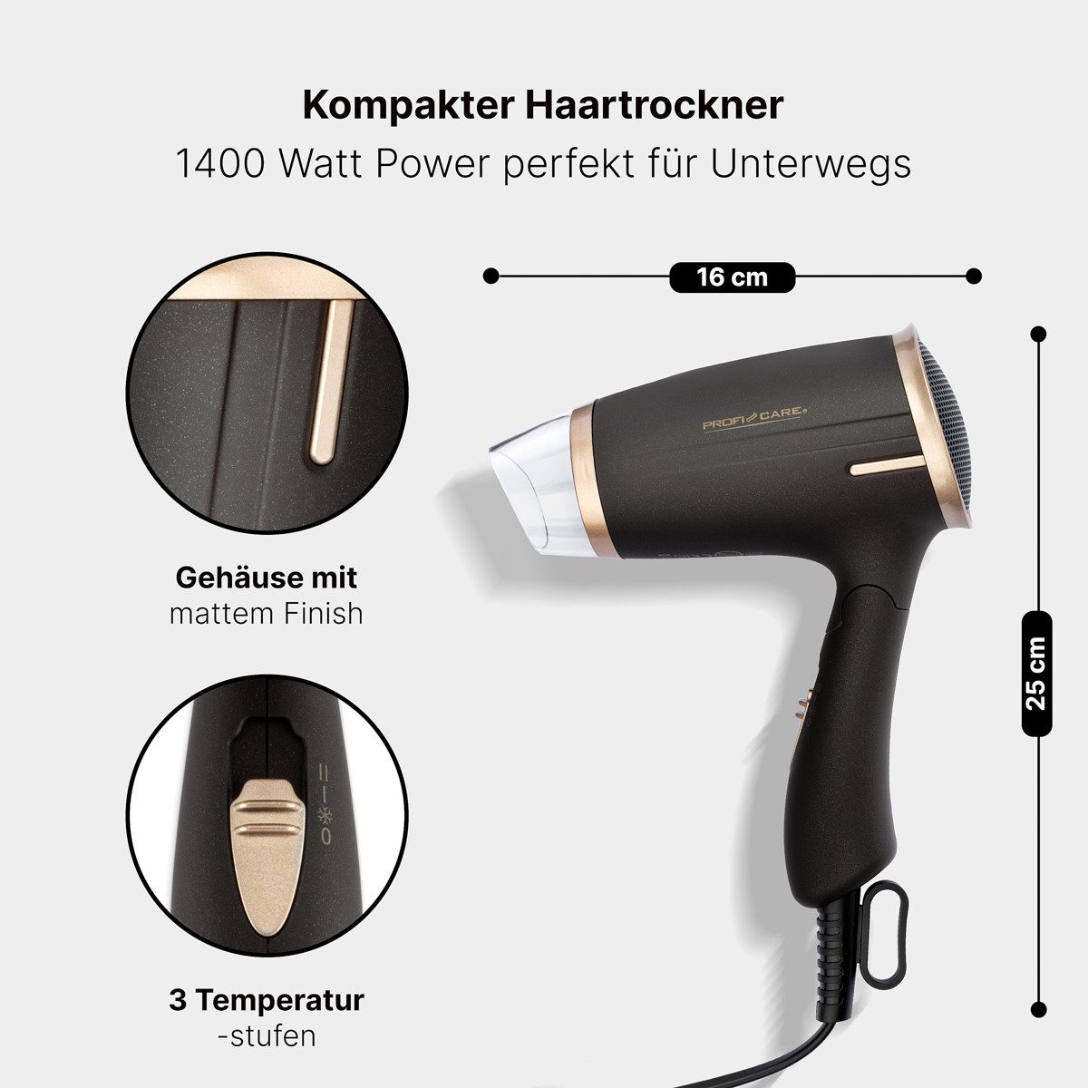 ProfiCare Haartrockner PC-HT 3009, 1400 Watt, Klappgriff, 2 Temperaturstufen