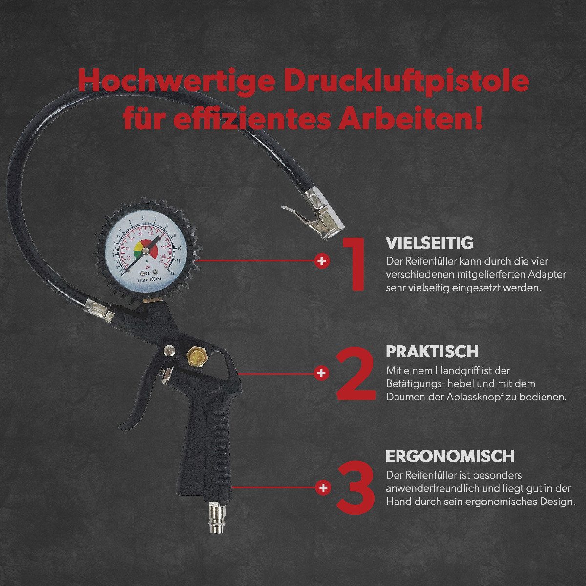 siwitec Reifenfüllmessgerät Reifenfüller Druckluft 4 Adapter Reifenfüllgerät Messgerät 12 Bar, Set, Max. 12 bar, leichte Handhabe, mit Daumen bedienbares Ablassventil
