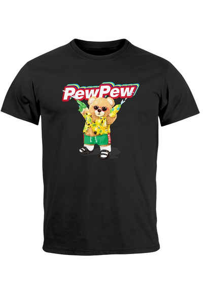 Neverless Print-Shirt Herren T-Shirt Pew Pew Bär Sommer Printshirt Aufdruck Motiv lustig Fas mit Print