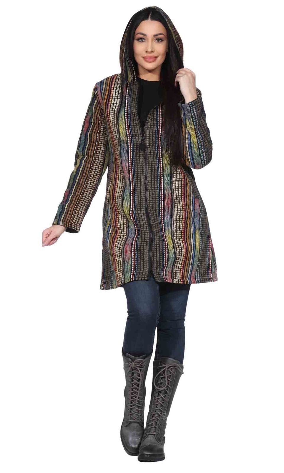 KUNST UND MAGIE Langjacke Damen Gheri Jacke mit Kapuze -Hippie Goa Boho Damen Mantel Bunt