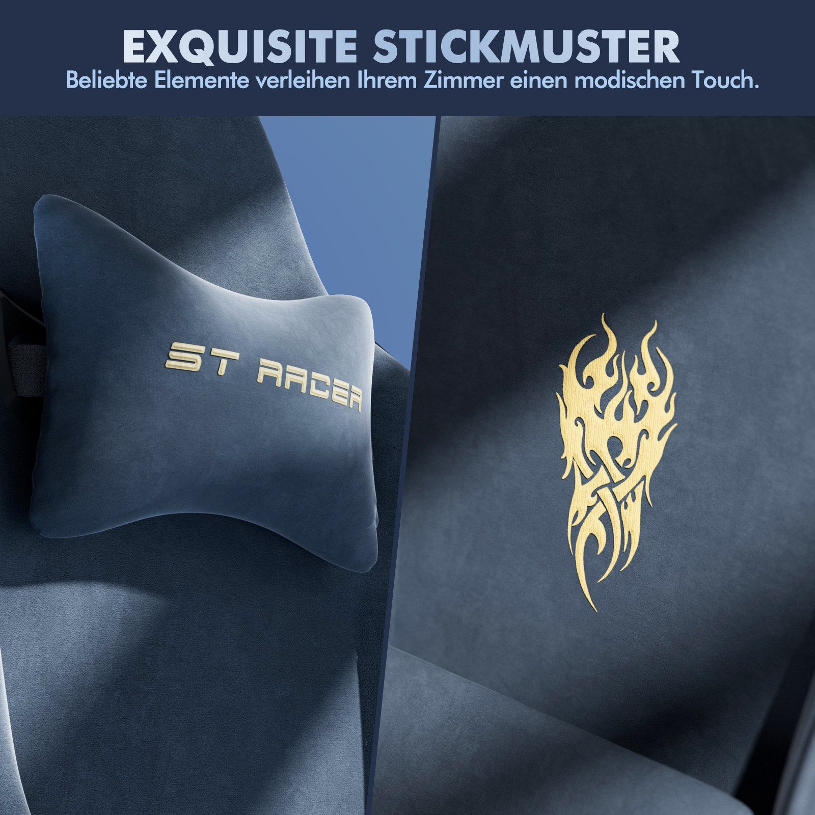 Ferghana Gaming-Stuhl Gaming-Stuhl: Kopfstütze, Lendenkissen, Armlehnen, Fußstütze (Packung), Ergonomischer PC-Stuhl,Rückenlehne 90°-125° – Bild 4 von 5