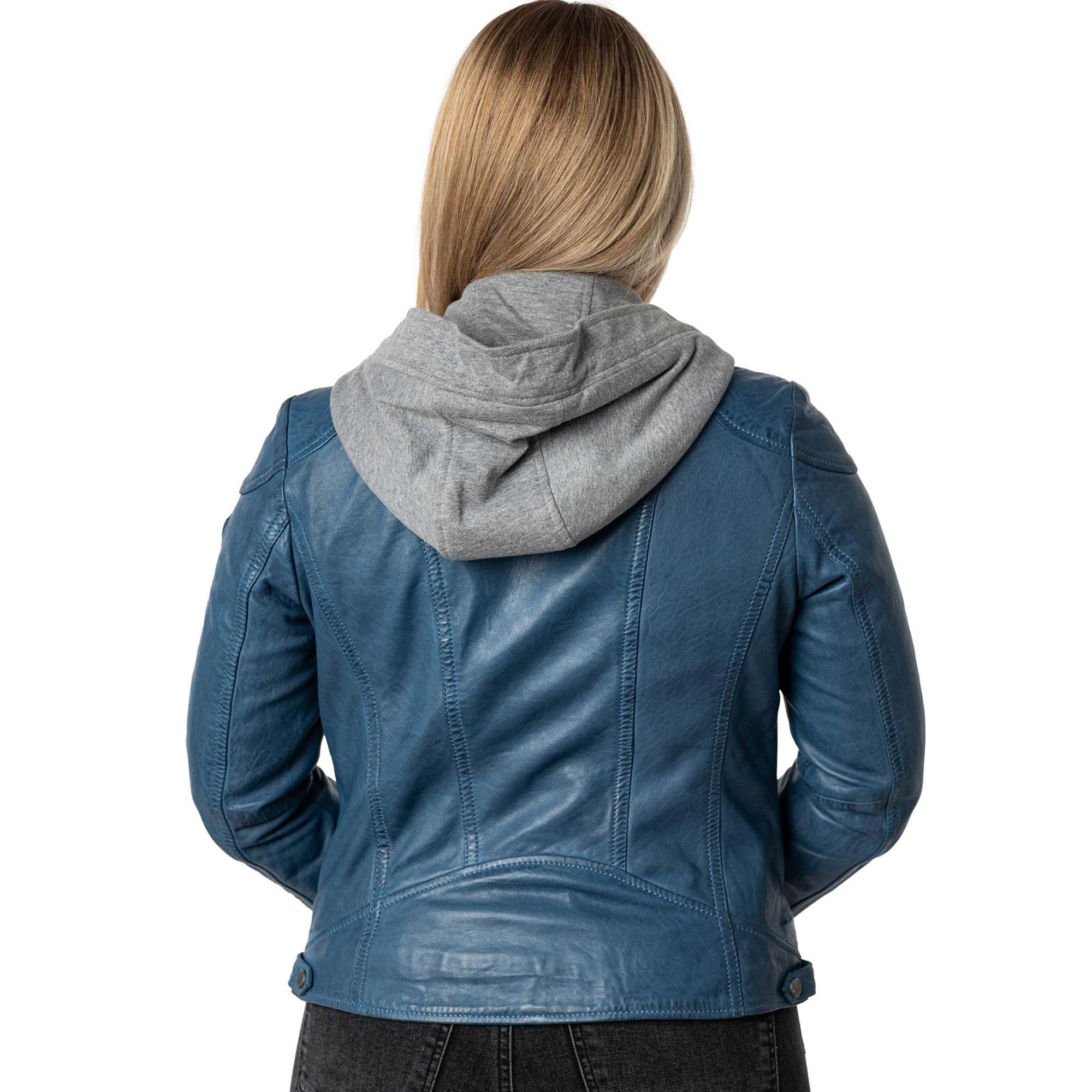 Mauritius Lederjacke MWAmmy Mauritius - Damen Lederjacke Lammnappa Kapuze blau