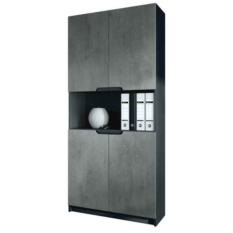 Vladon Aktenschrank Logan (Aktenschrank, mit 5 Fächern und 4 Türen) Schwarz matt/Beton Dunkel Optik (82 x 184 x 37 cm)