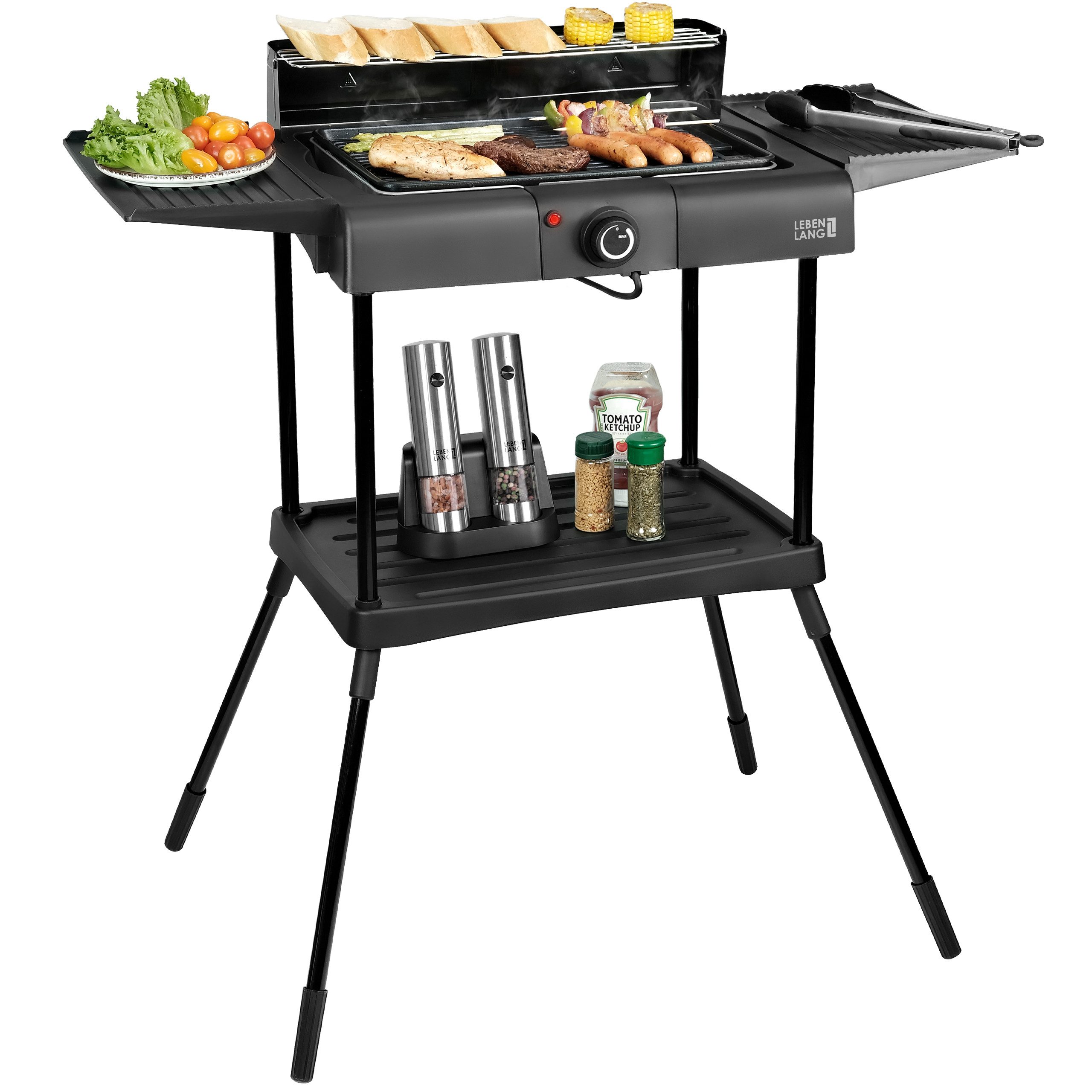 Lebenlang Tischgrill 2in1 Elektro Stand- und Tischgrill, für In- und Outdoor geeignet, 2000 W, Inkl. Grillzange, antihaftbeschichtet & leicht zu reinigen