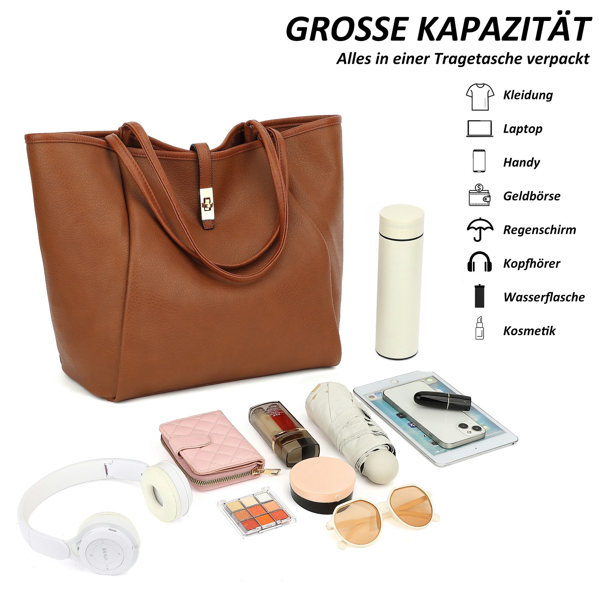TAN.TOMI Schultertasche Damen Umhängetasche PU Leder Tote Shopper Bag Reise Geldbörse, Mit Drehverschluss und Innentasche für Arbeit, Schule, Einkauf