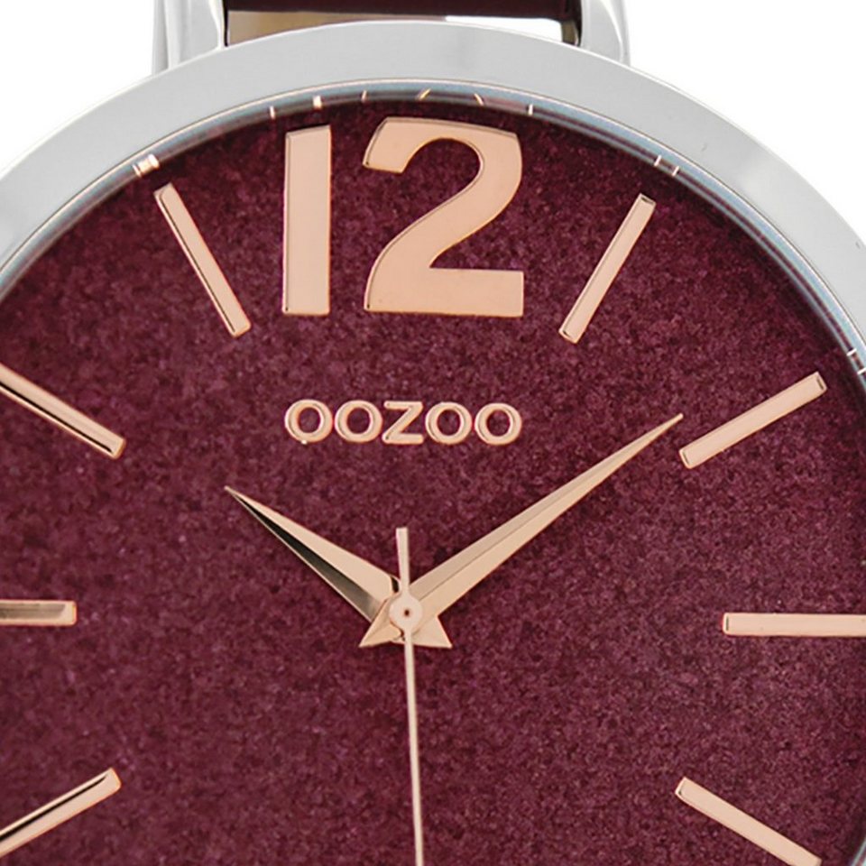 OOZOO Quarzuhr Oozoo Armbanduhr Damen silber, Damenuhr rund, extra groß  (ca. 48mm) Lederarmband, Fashion-Style
