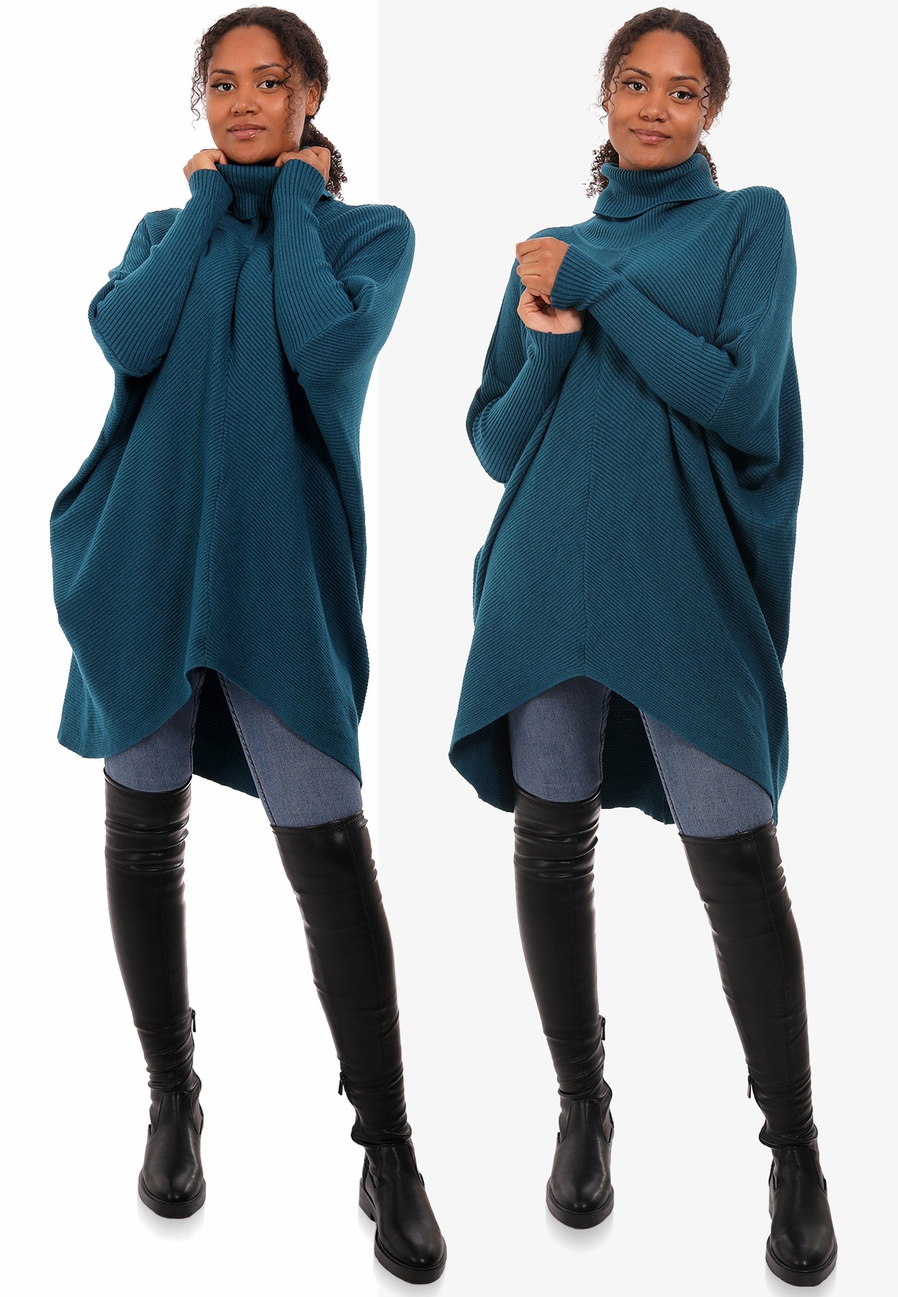 YC Fashion & Style Longpullover mit Unifarbe, in mit asymmetrisch Size (1-tlg) Strickpullover überschnittenen Rollkragen Schultern Plus petrol