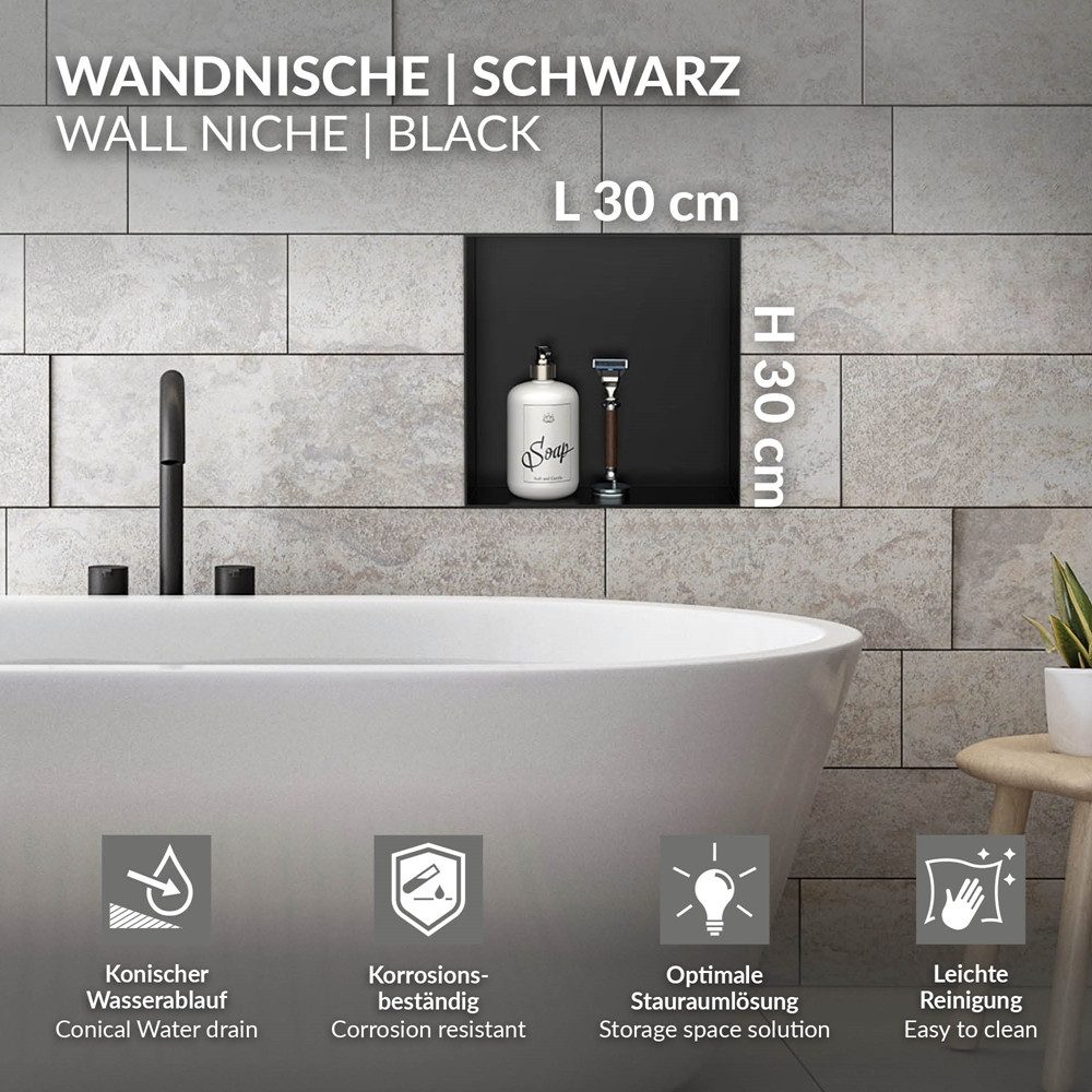 LuxeBath Duschwand Wandnische aus Edelstahl Flexibler Einbau für Badezimmer Randlos, Duschnische Schwarz 30x30x10cm Einzelregal Randlos Befliesbare Nische – Bild 2 von 5