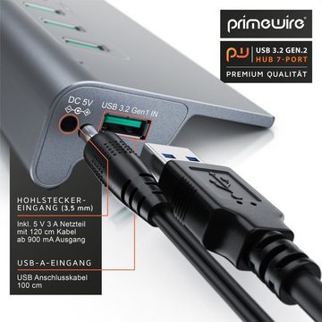 Primewire USB-Adapter, USB 3.2 Gen2 Hub, 7 Port Verteiler aktiv mit Netzteil, 10 Gbit/s
