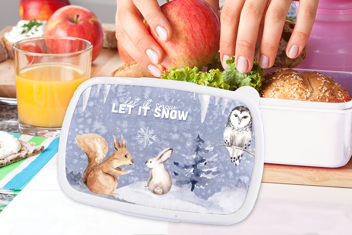für Brotbox Schnee Kinder Winter Jungs für (2-tlg), Kunststoff, - Erwachsene, und und Lunchbox weiß MuchoWow Mädchen - Eichhörnchen, Brotdose,