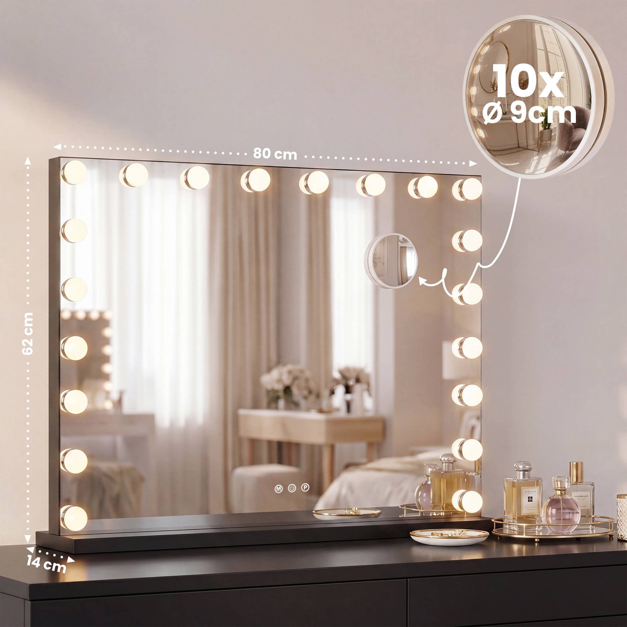 CLP Schminkspiegel Norlina (1er), Vergrößerungsglas, Bluetooth, LED, USB-Ports