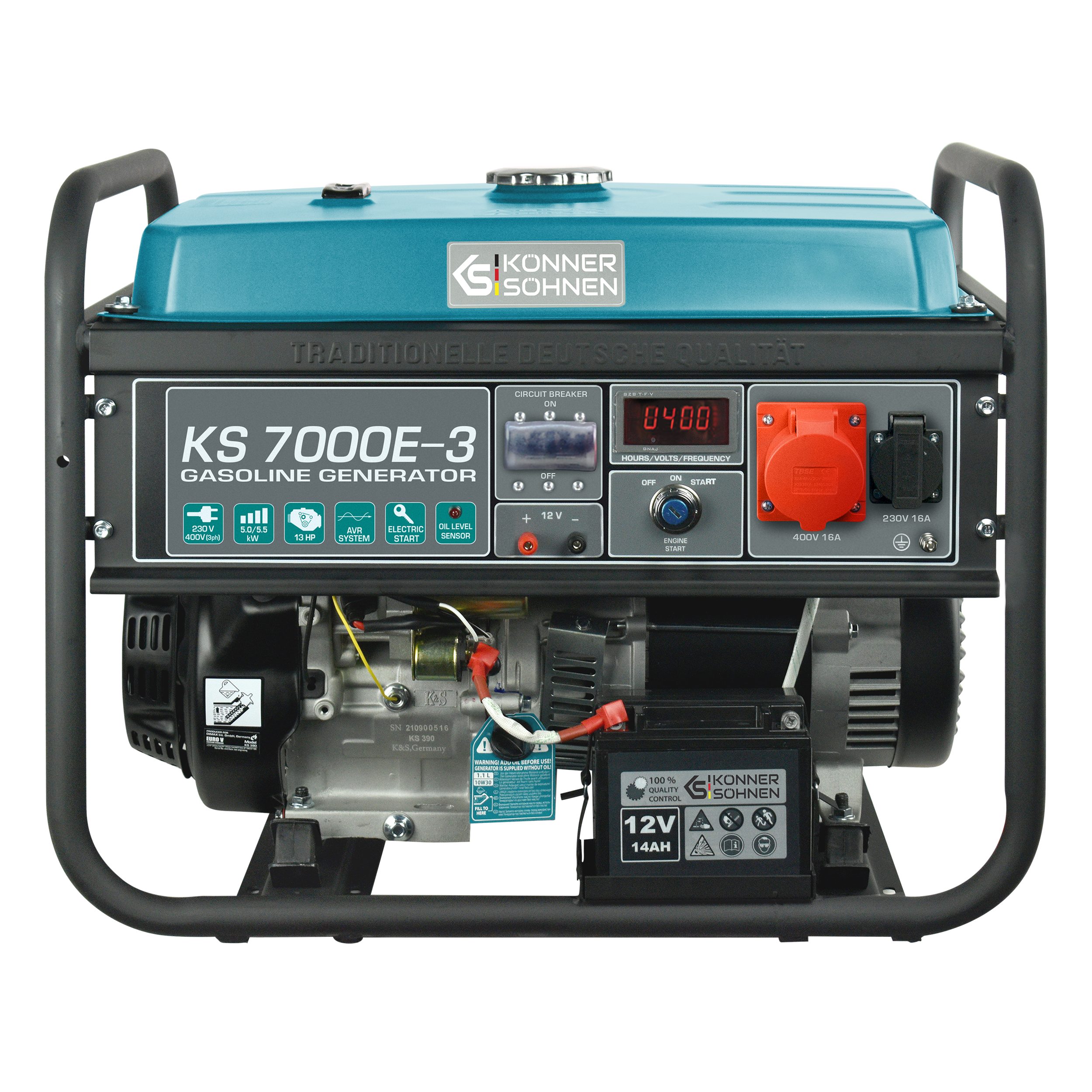 Könner & Söhnen Stromerzeuger KS 7000E-3, 5,50 in kW, (für Drehstromverbraucher (400V) Höchstleistung von 5500W, 1-tlg., Hand/Elektroanlasser, EURO 5), LED-Anzeige(Spannung,Frequenz,Betriebsstundenzähler)