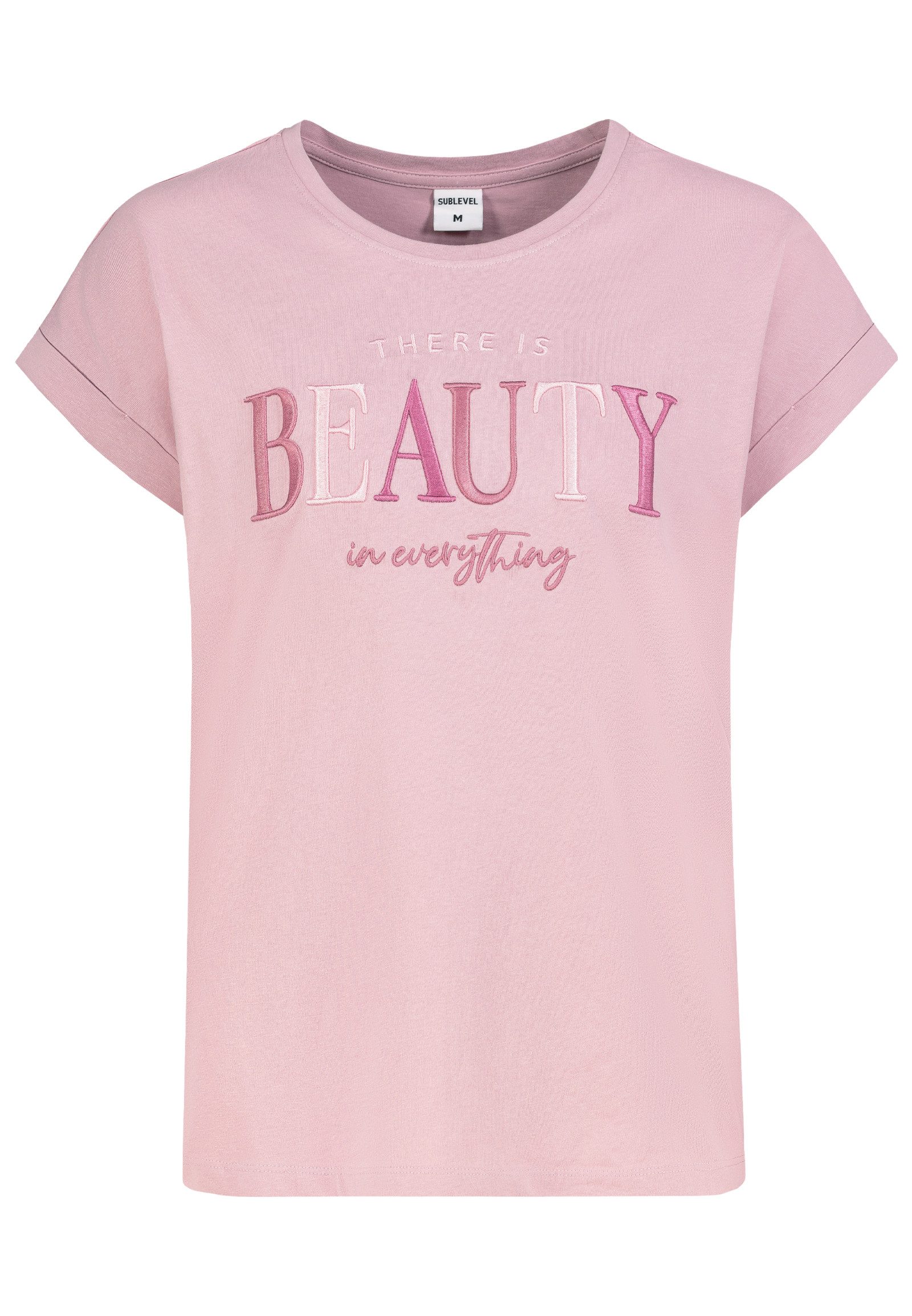 SUBLEVEL T-Shirt Minimalistischer Schriftzug Rundhals Kurzarm Locker für Damen (1-tlg) Baumwolle Normal Fit Rundhals Kurzarm Spruch atmungsaktiv