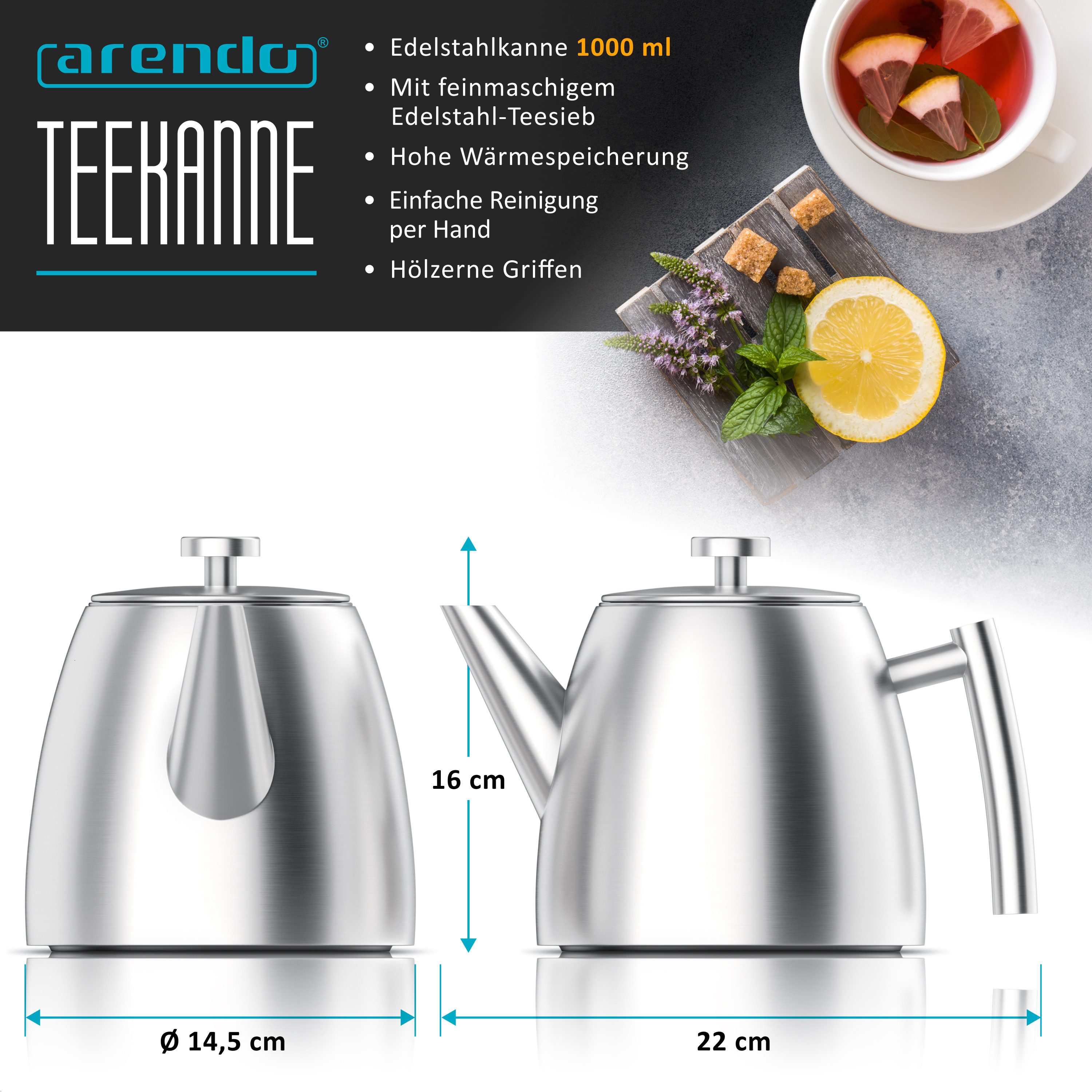 Arendo Teekanne Edelstahl, Siebeinsatz, 1000 ml, mit Griff aus Metall, Isolierkanne, 1 l, (Set, 2-St), Doppelwandige Thermo Isolierung, Kanne mit Teesieb für losen Tee
