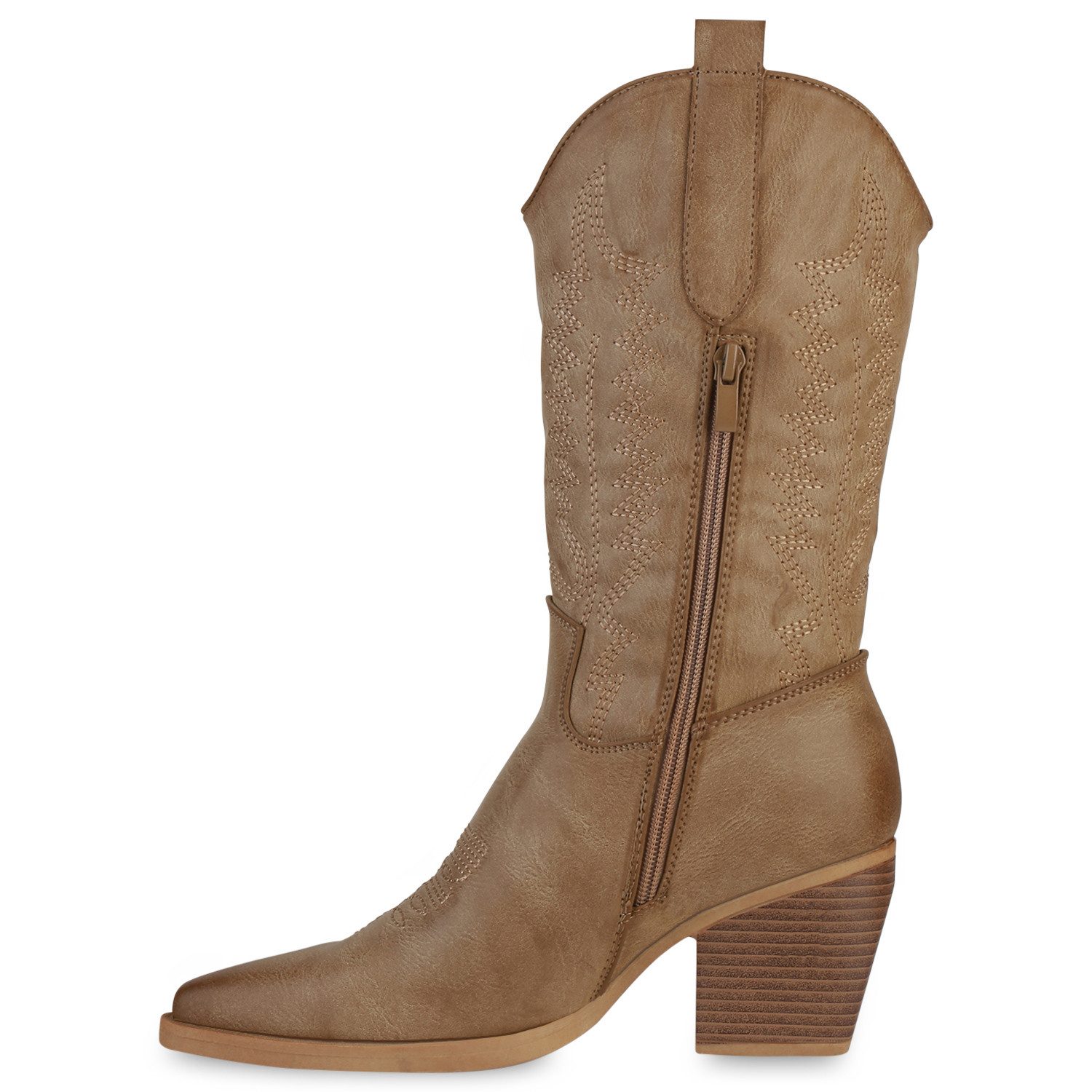 VAN HILL 838384 Cowboystiefel Damen Stiefel Cowboystiefel Holzoptikabsatz Stickereien