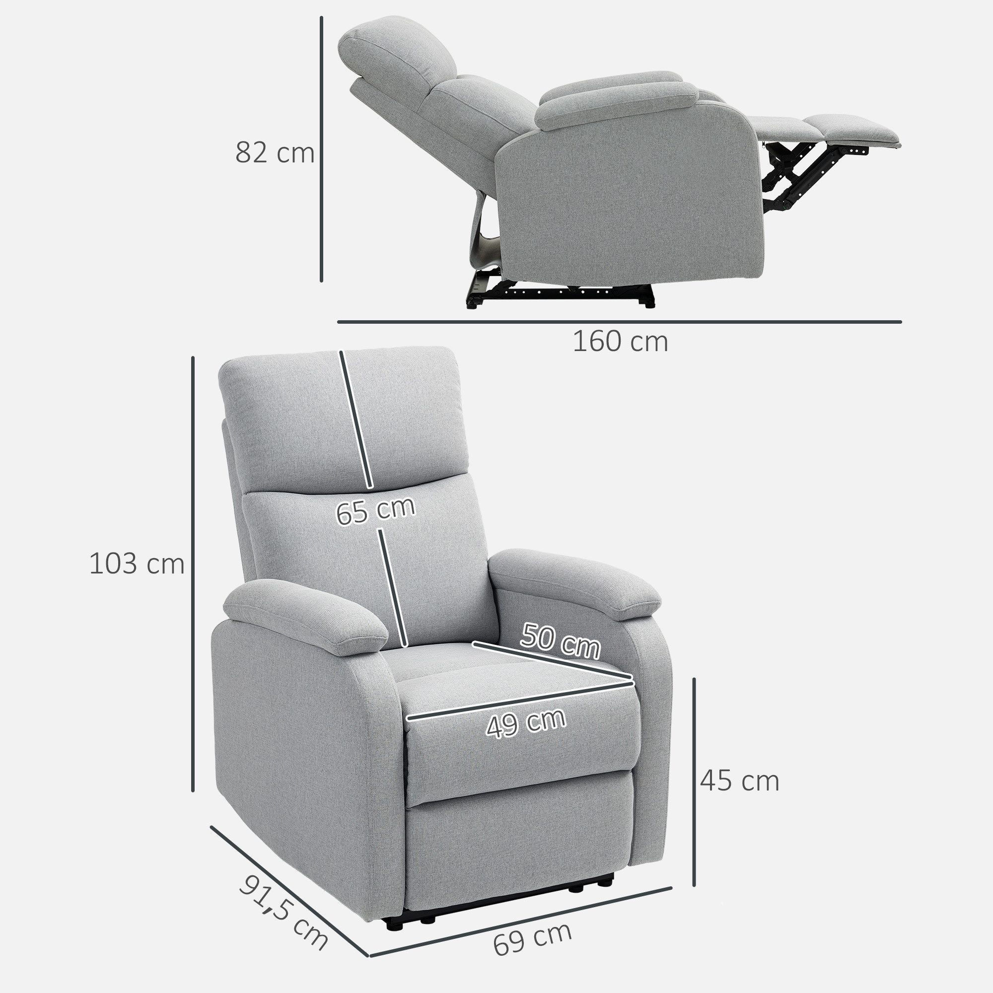 HOMCOM Relaxsessel Fernsehsessel mit Liegefunktion, Gepolstert TV-Sessel mit Leinenoptik (Liegesessel, 1-St., Ruhesessel), bis 150 kg belastbar für Wohnzimmer, Grau