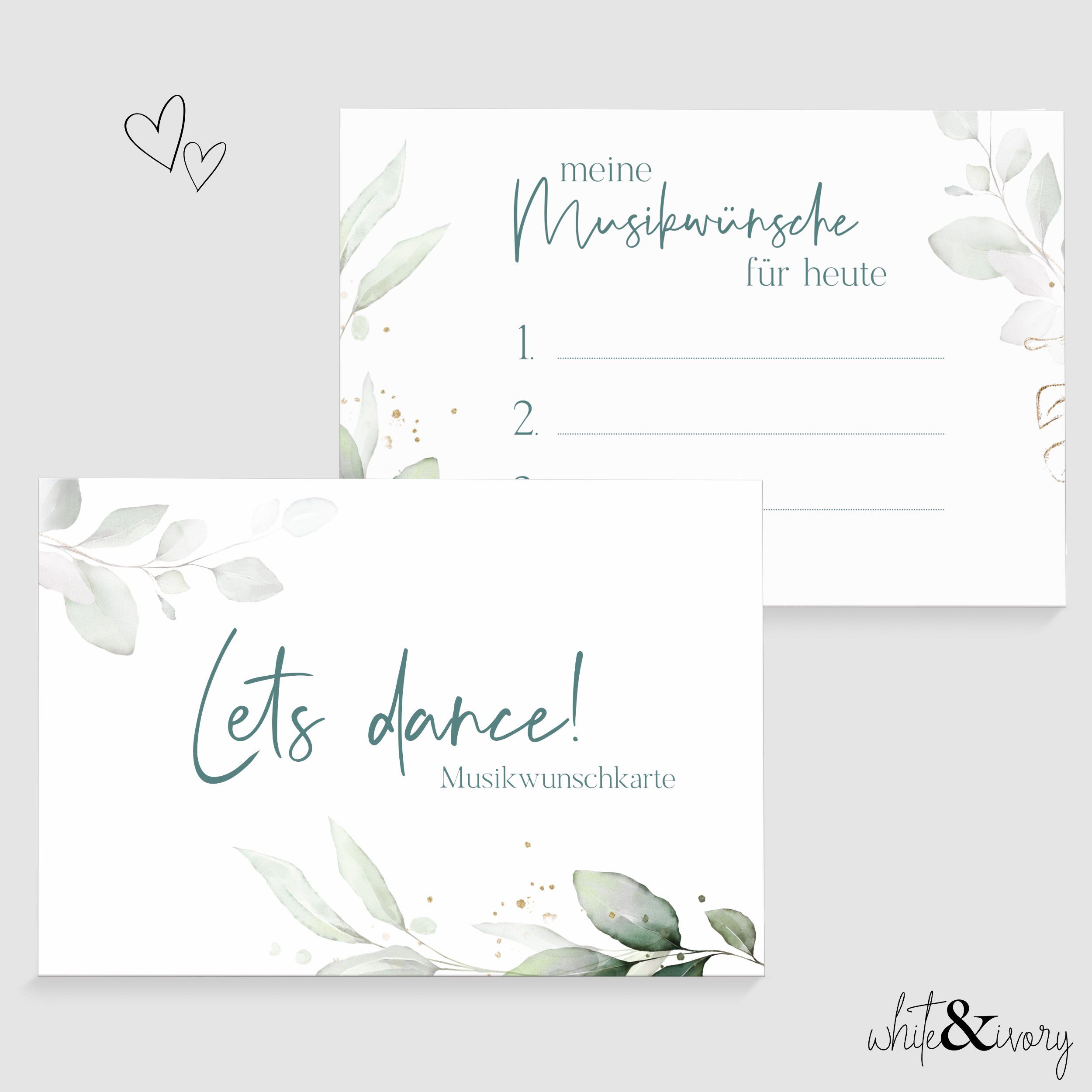 white & ivory Papierdekoration Musikwunschkarte, eukalyptus türkis, 50 Stück, beschreibbar