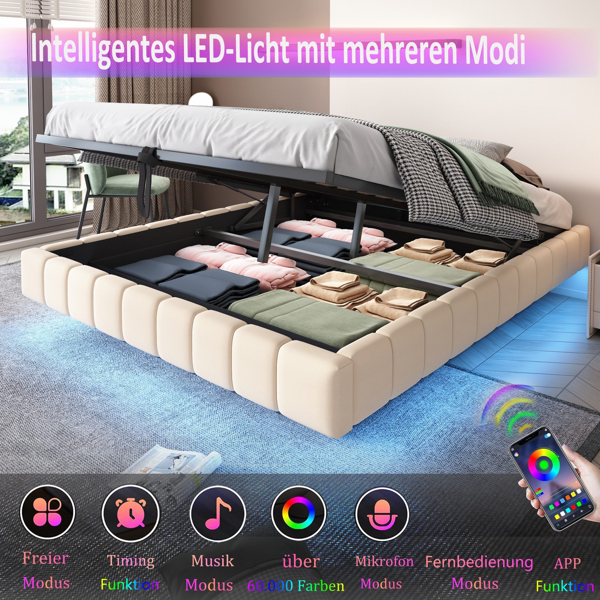 Merax Polsterbett schwebendes Design mit LED-Lichtleiste (1-tlg., Hydraulisches Stauraumbett Mehrzweckbett), Doppelbett 180x200cm mit hydraulischem Stauraum, oh – Bild 4 von 5