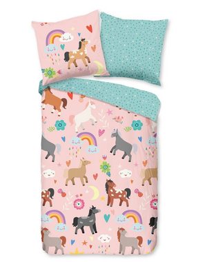 Bettwäsche Pastell Pferde Regenbogen Punkte rosa blau, soma, Baumolle, 2 teilig, Bettbezug Kopfkissenbezug Set kuschelig weich hochwertig