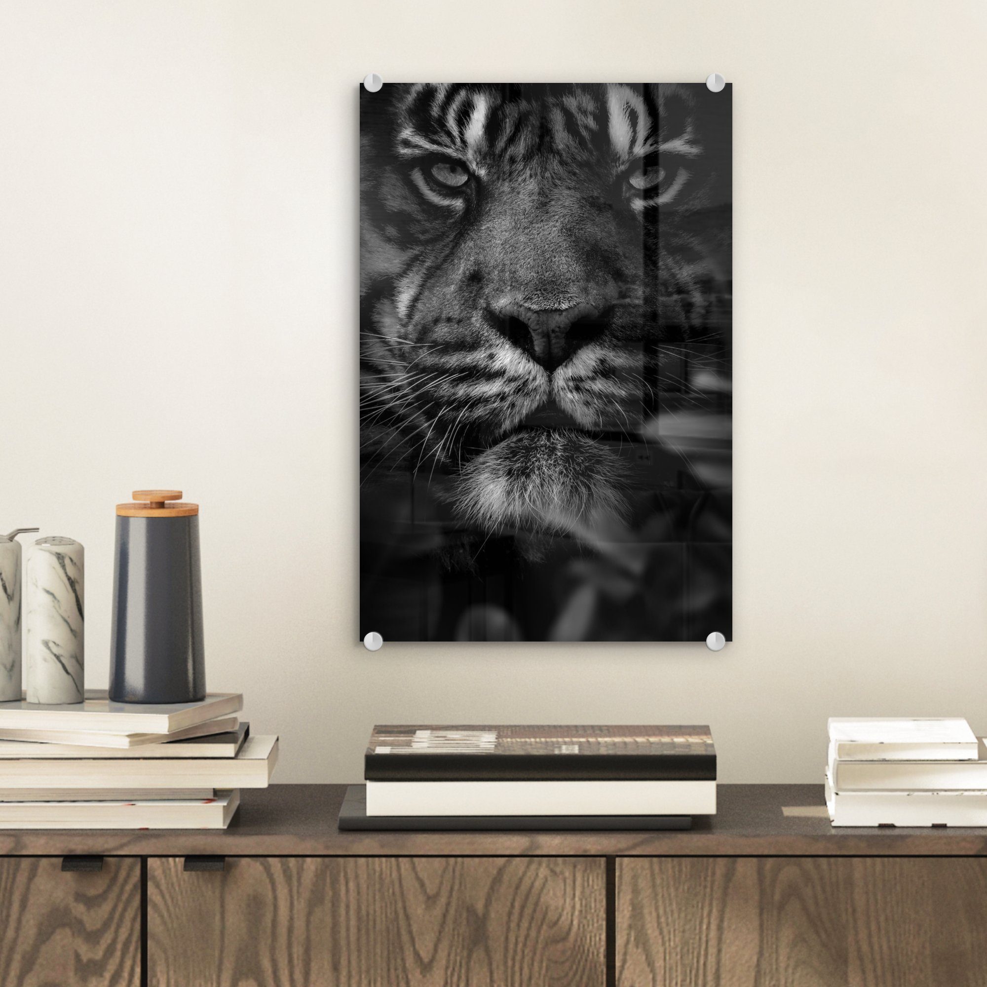 Glas - Dschungel bunt Acrylglasbild Wandbild schwarz Foto und, Wanddekoration Nahaufnahme Glasbilder - (1 - auf von auf - Tiger im MuchoWow und St), Glas Blättern Bilder einem