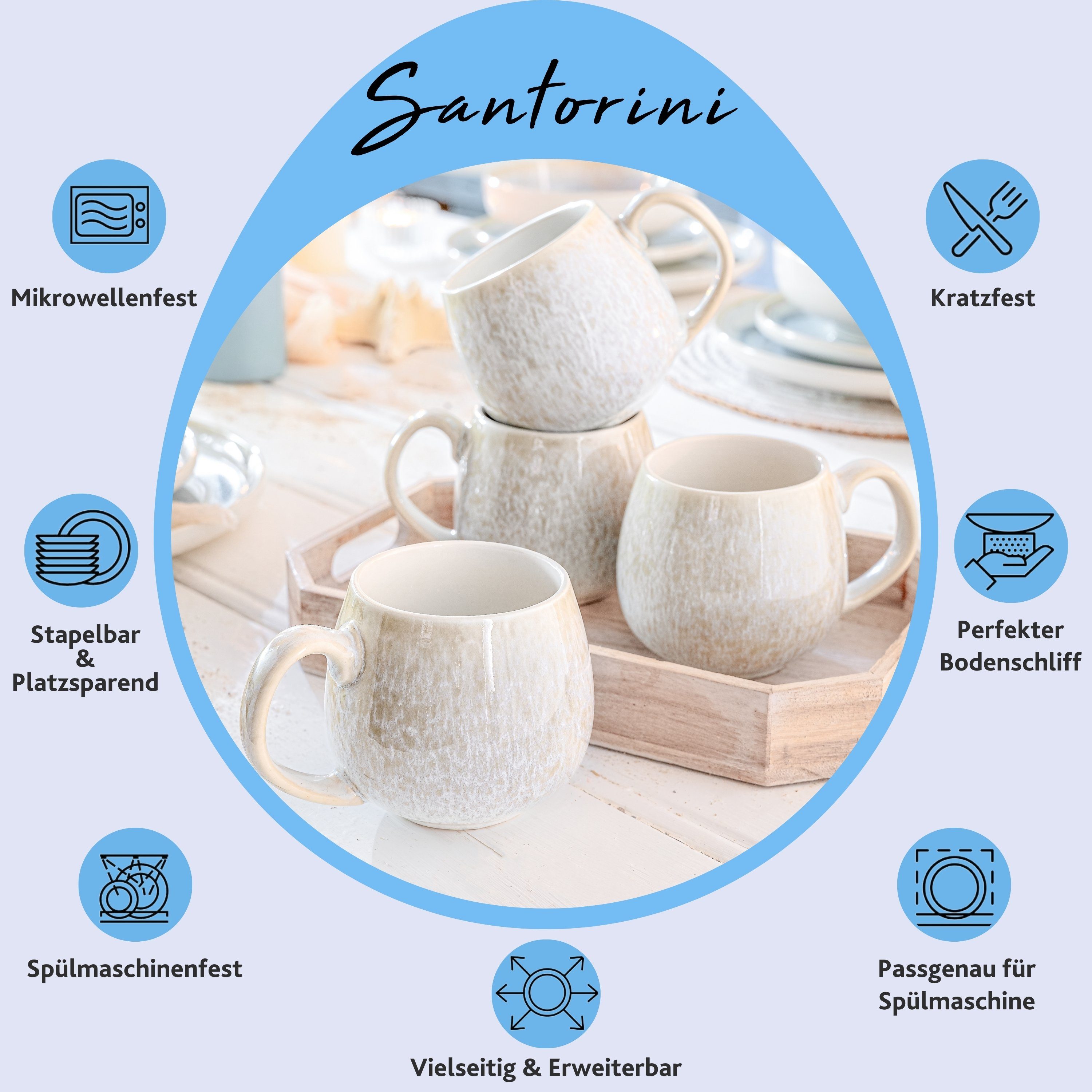 SÄNGER Becher Santorini Kaffeebecher Set (4-teilig), 4-tlg., Steingut, Cremefarben mit Flieder Blauem Verlauf, Handmade, Premium Collection