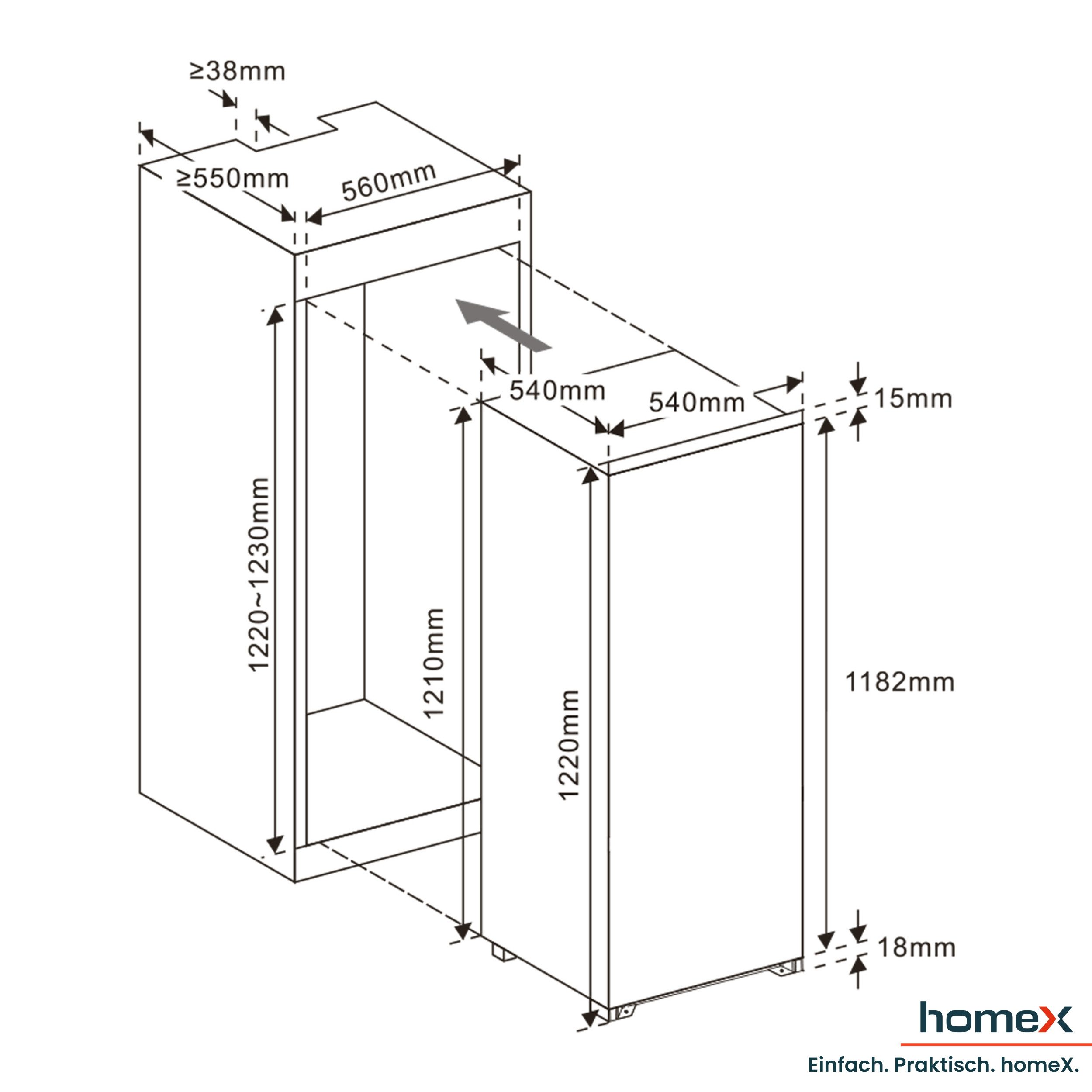 homeX Einbaukühlschrank CFB1811E, 123 cm hoch, 54 cm breit, 181 Liter, mit Gefrierfach, 122cm hoch, Schlepptürtechnik, leise 39 dB