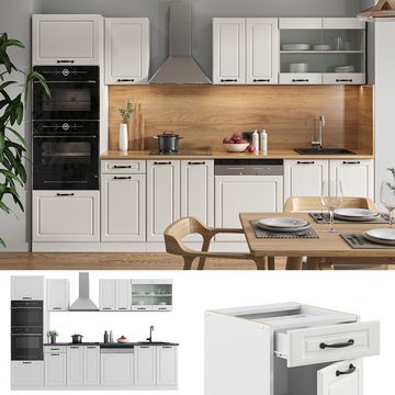 Livinity® Küchenzeile R-Line, Weiß Landhaus/Weiß, 300 cm mit Hochschrank, AP Eiche