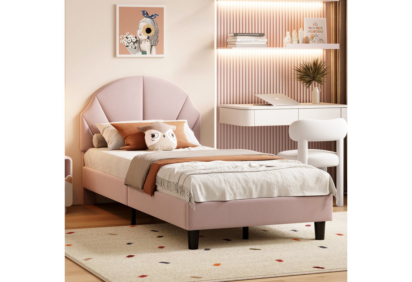 Furnishings Home Polsterbett Kinderbett Einzelbett, Muschelförmiges Kopfteil (1-tlg., Geeignet für Jugendliche und Kinder), Verstellbare Kopfteilhöhe Mit Lattenrost, Samtstoff, 90x200 cm