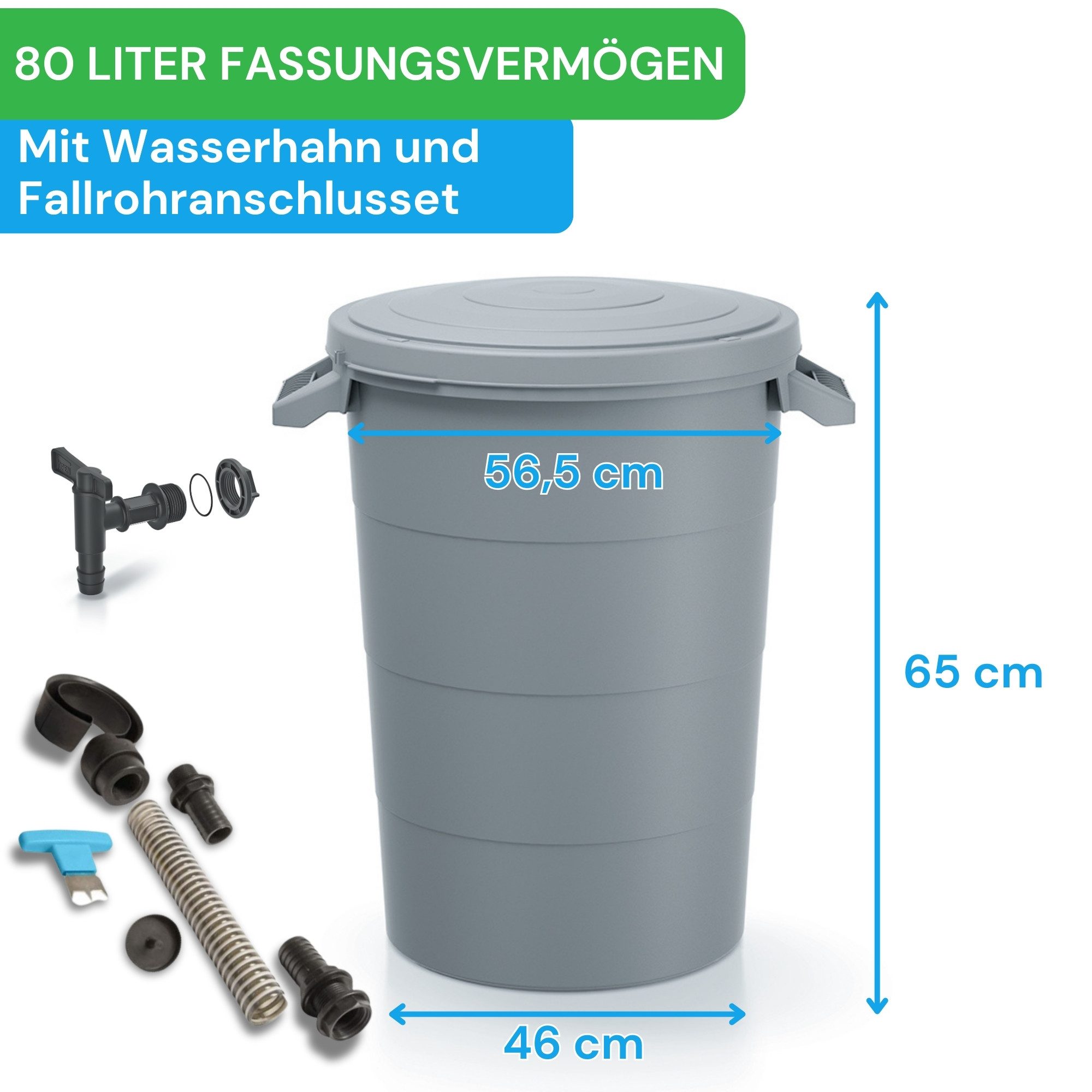 YourCasa Regentonne Regentonne [inkl. Anschlusset & Bohrer] Regenfass Wetterfest, 80 l, inkl. Fallrohr Anschlusset & Bohrer, Wasserhahn