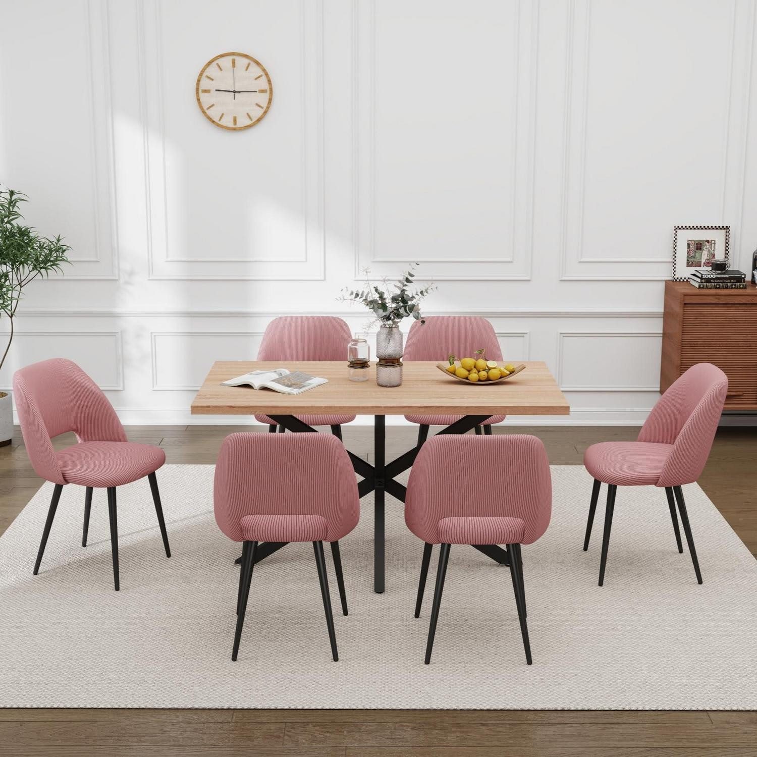 LuxusKollektion Esstisch Esstisch Stuhlset 140x80x75cm MDF 6 Stühle Cord Helle Farbe Rosa (1-St)