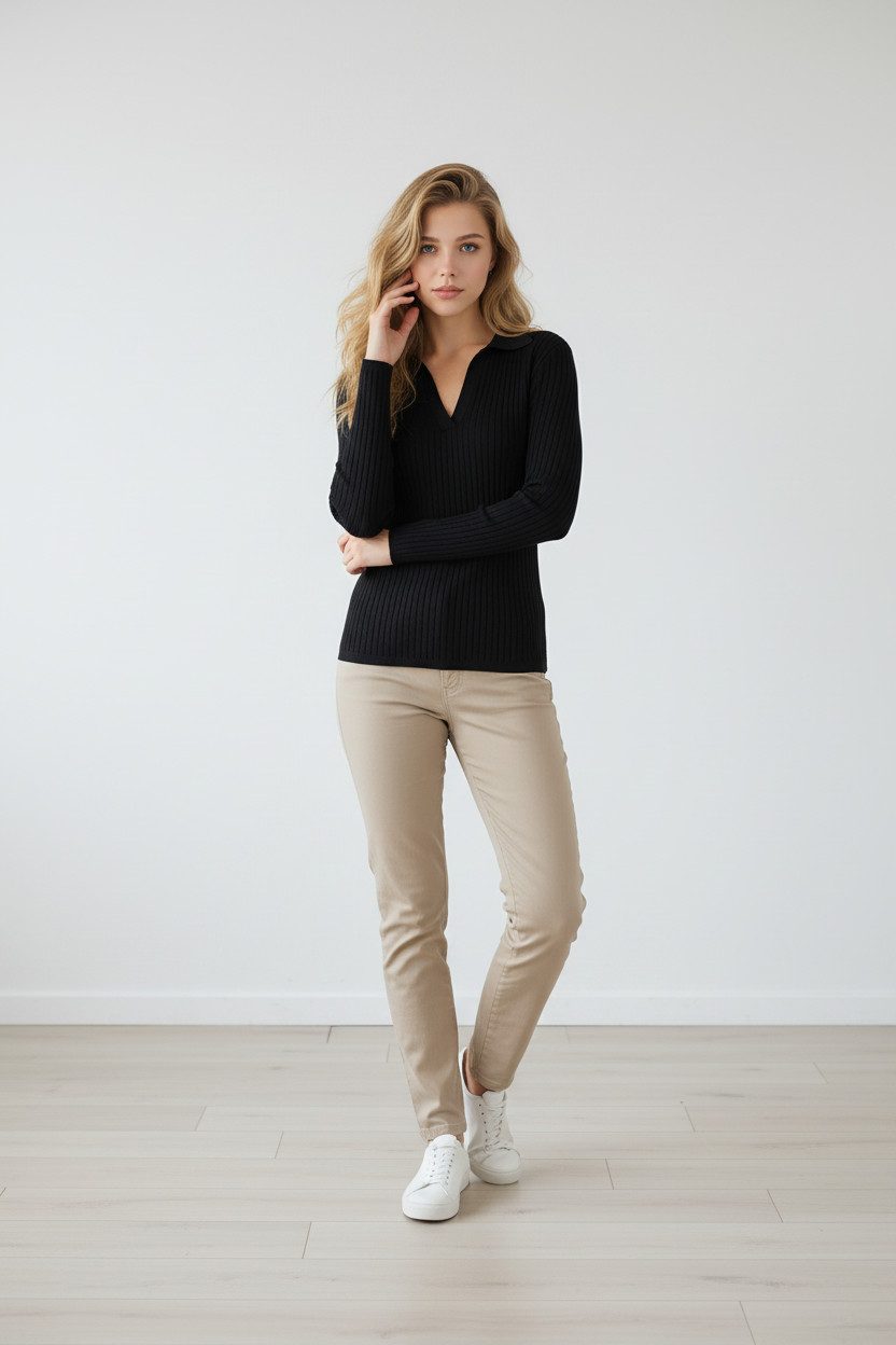 Zuckerwatte V-Ausschnitt-Pullover Rippstrickoptik aus Viskose mit Elasthan