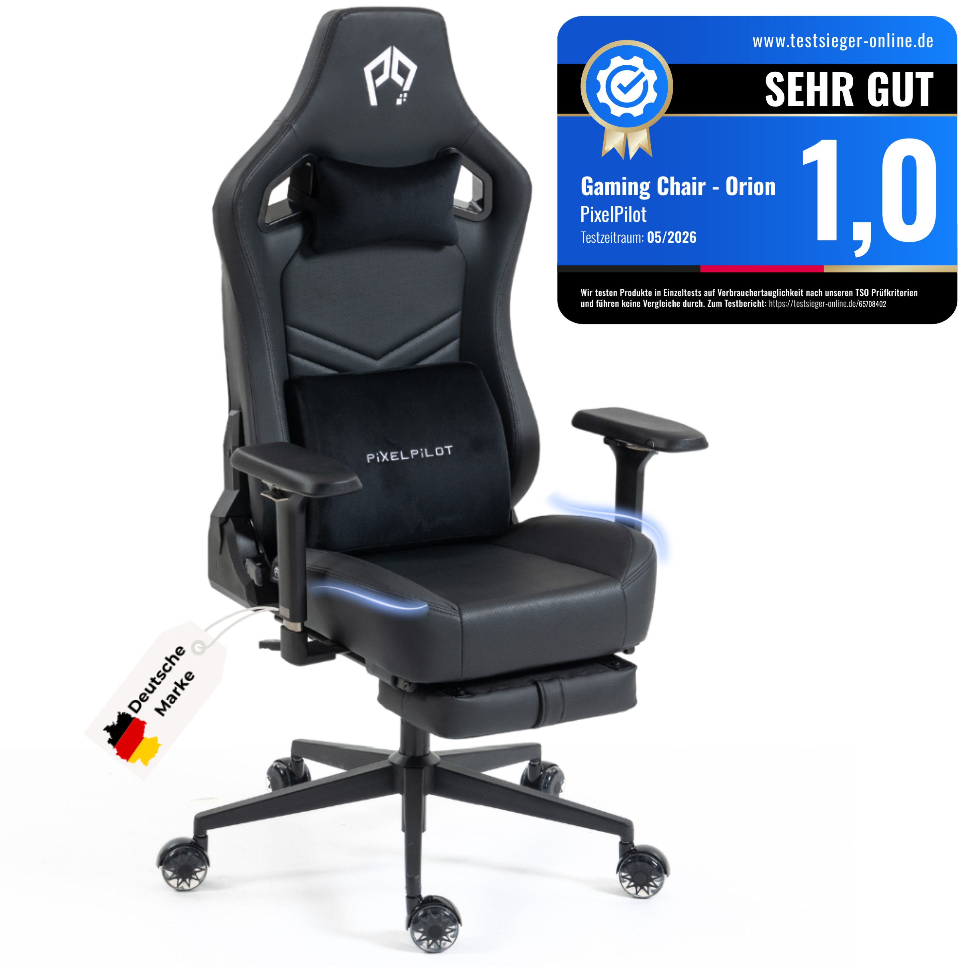 PixelPilot Gaming-Stuhl Ergonomischer Gaming-Stuhl mit 4D-Armlehnen, Taschenfedern & Fußstütze (Einzelartikel), 4D-Armlehnen, Taschenfederkern, ausziehbare Fußstütze