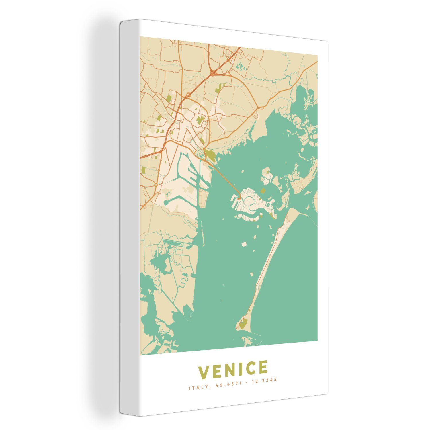Venedig Vintage, Zackenaufhänger, 20x30 inkl. bespannt (1 fertig Karte - OneMillionCanvasses® Leinwandbild Stadtplan cm Leinwandbild - - Gemälde, St),