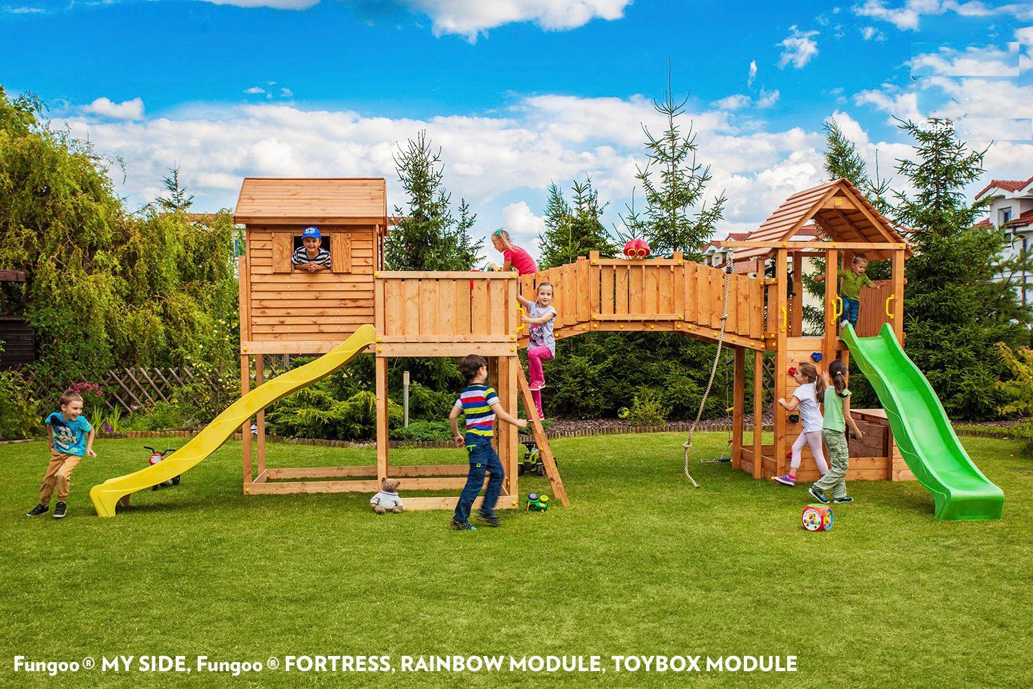 FUNGOO Spielturm MAXI SET SIZED PLAZA, mit Schaukel & Rutsche, Klettererweiterung, Spielhaus, Sandkasten