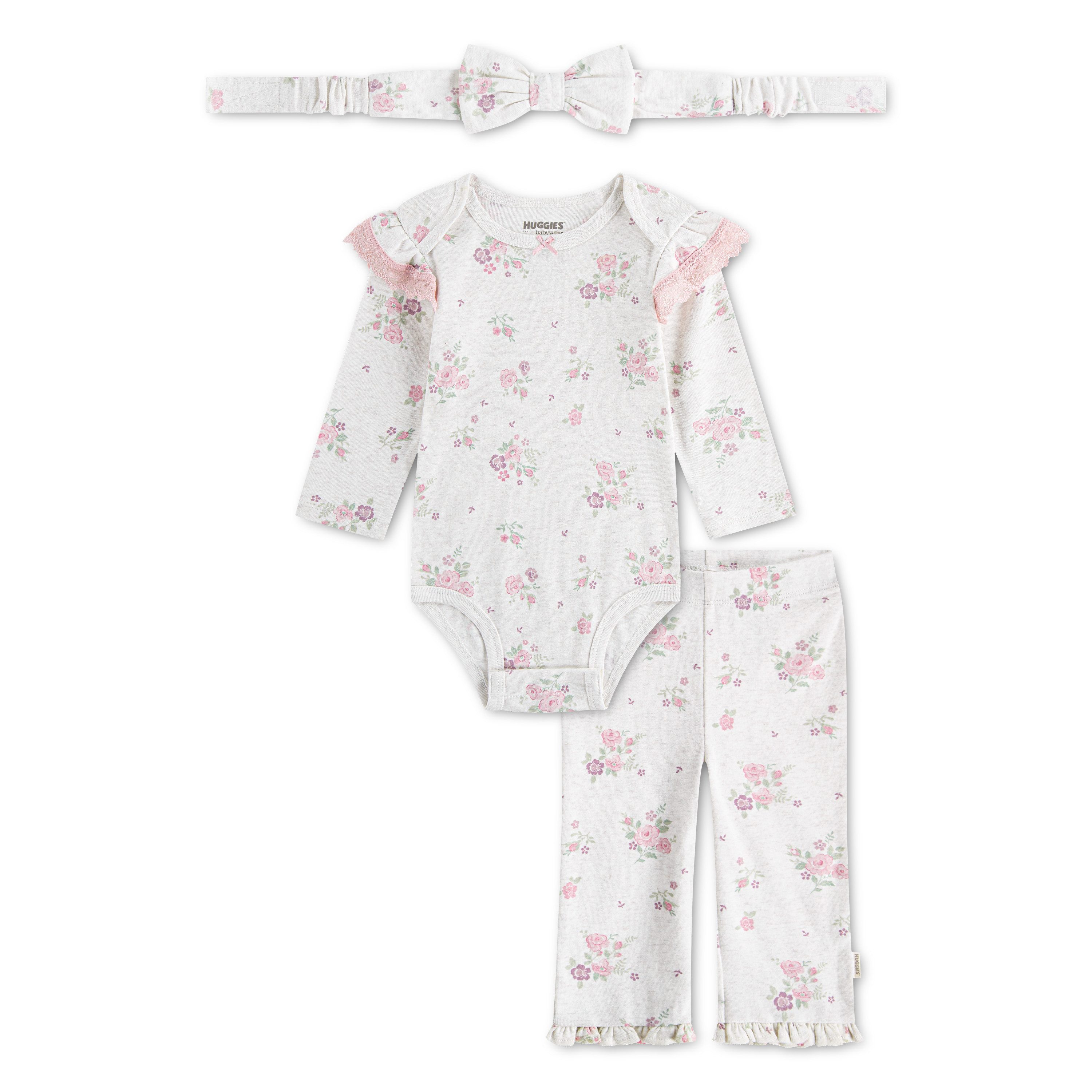 HUGGIES babywear Body & Hose HUGG PANT SET + ATTACHMENT (Set, 3-tlg) mit passendem Haarband, floraler Alloverprint - for Girls