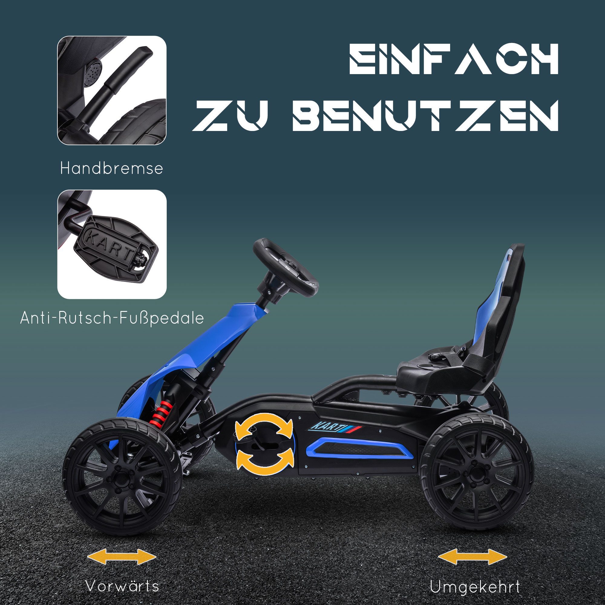 HOMCOM Go-Kart Tretauto mit Handbremse, verstellbarem Sitz, Tretfahrzeug, für Kinder, Blau – Bild 5 von 5