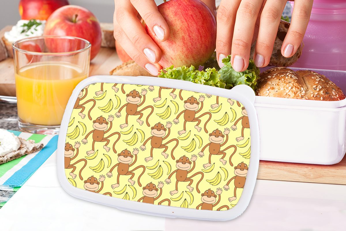 MuchoWow Lunchbox Muster - Affe Brotdose, Mädchen für Banane, Kinder Kunststoff, Brotbox und (2-tlg), weiß für und - Erwachsene, Jungs