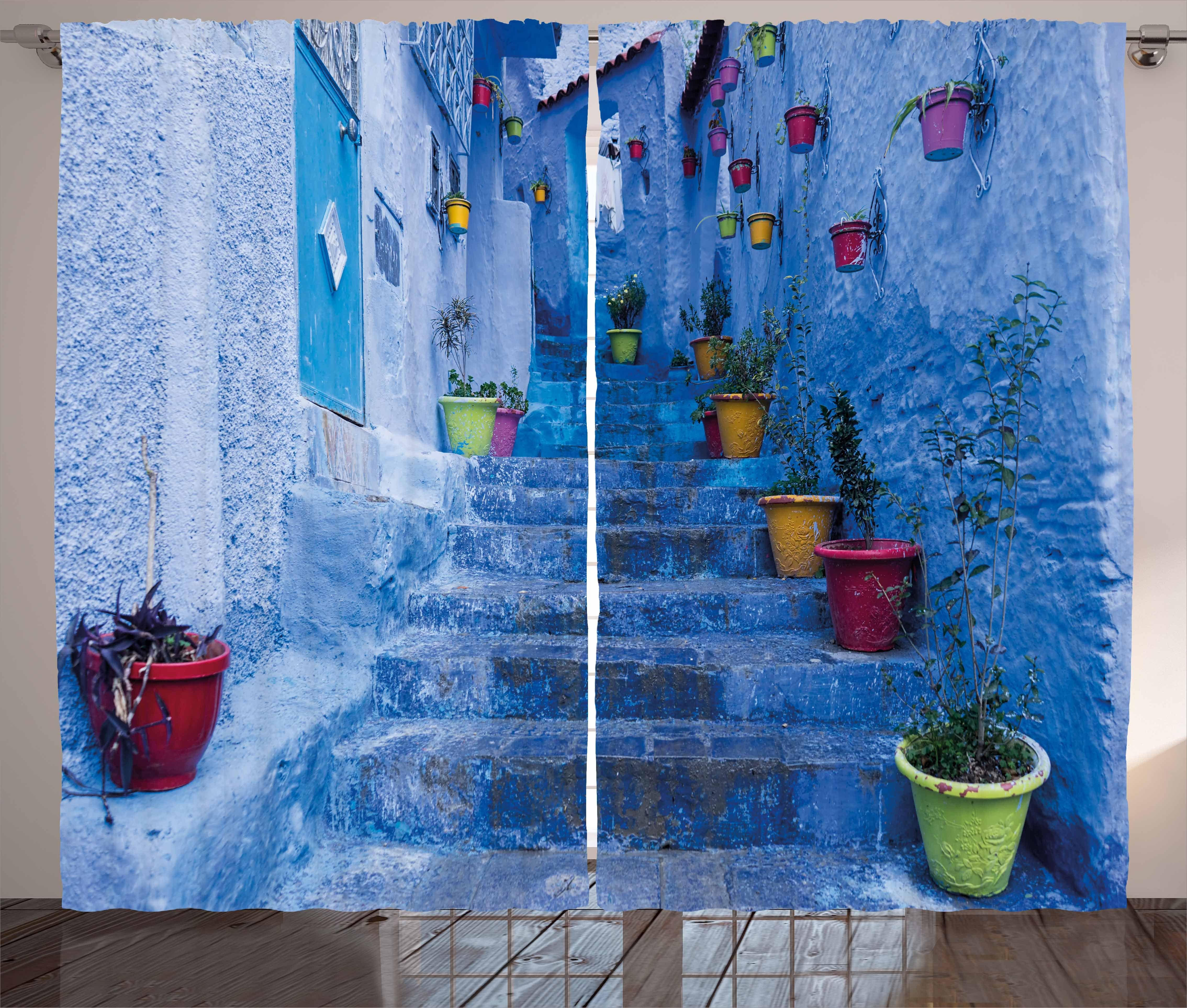 Straße Abakuhaus, Vorhang Bunte Gardine auf und Blumen Haken, Schlafzimmer Kräuselband Schlaufen Blau mit