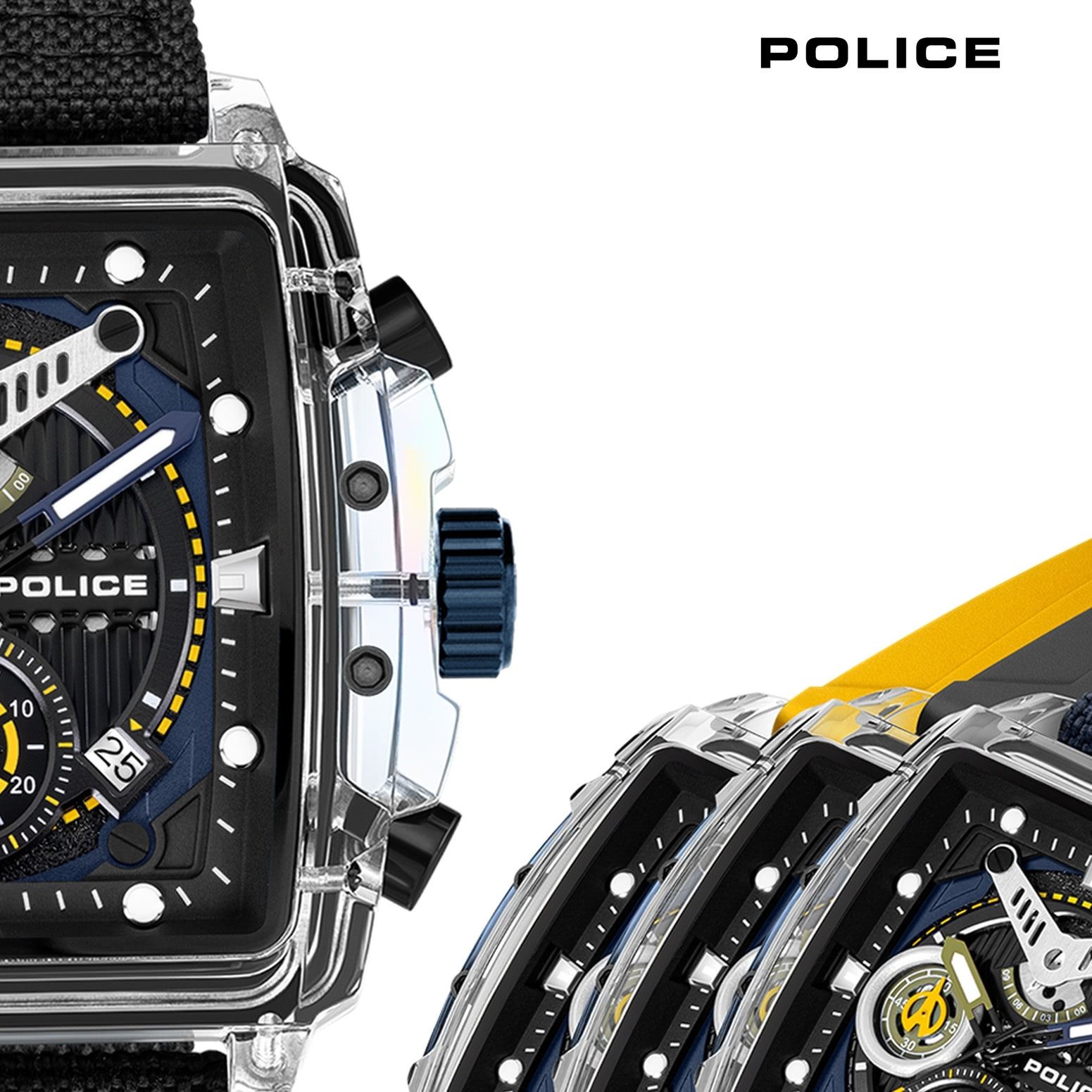 Police Chronograph Police Herrenuhr Silikon Armband, (Chronograph), Herrenuhr quadratisch, extra groß (ca. 43x43,8mm) Textilarmband, Sport