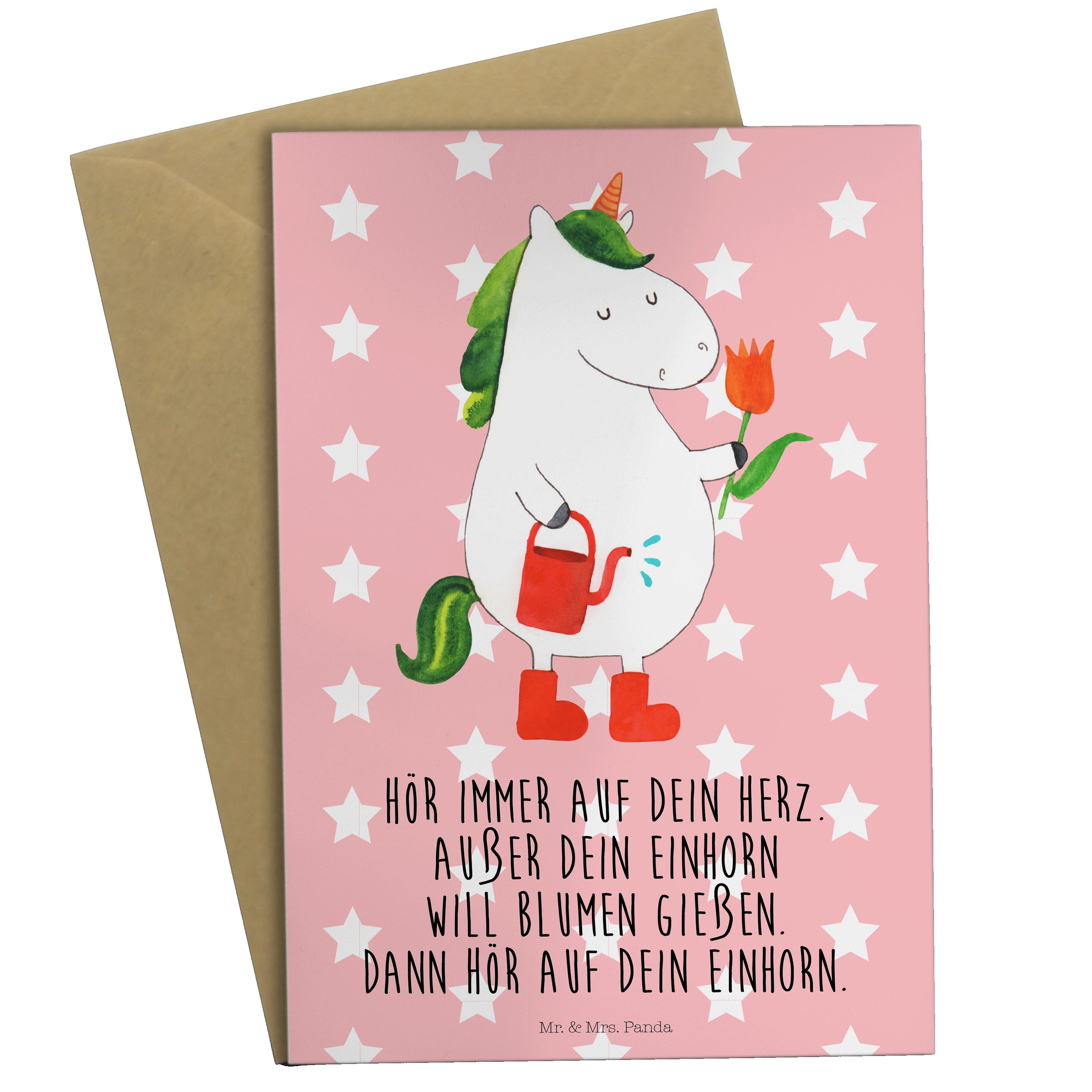 Mr. & Mrs. Panda Grußkarte Einhorn Gärtner - Rot Pastell - Geschenk, Klappkarte, Einladungskarte