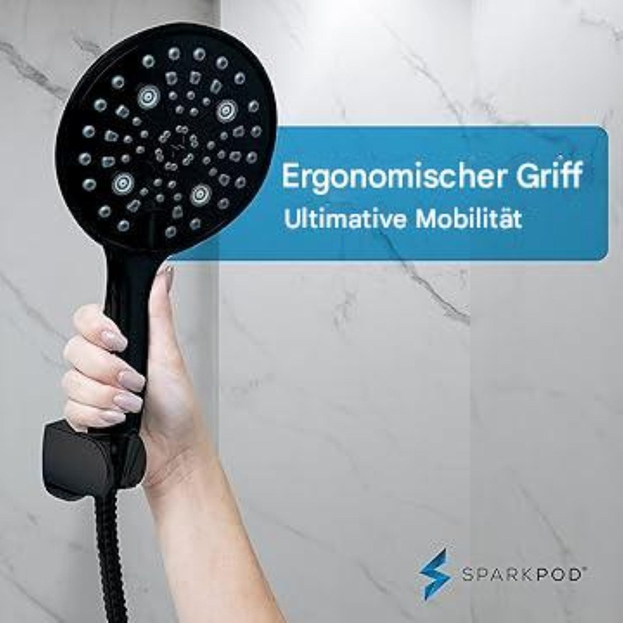 sparkpod Handbrause XXL Duschbrause Handbrause 6 Strahlarten – Duschkopf mit Schlauch 1,8m, (Hochdruck-Handbrause-Set mit extra langem Schlauch & Massagefunktio – Bild 5 von 5