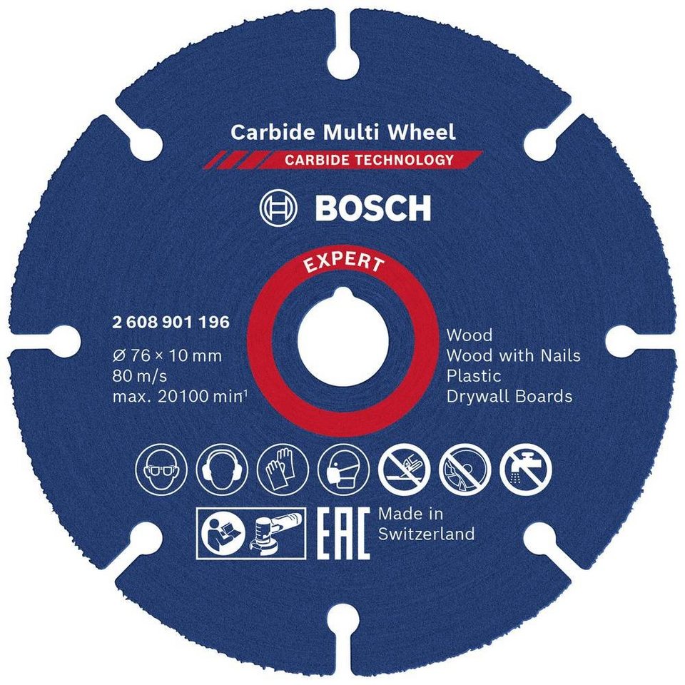 BOSCH Trennscheibe Expert Carbide Multi Wheel, Ø 76 mm, 76 x 10 x 1 mm,  Schneidet Materialien, die Winkelschleifer bisher nicht bearbeiten konnten