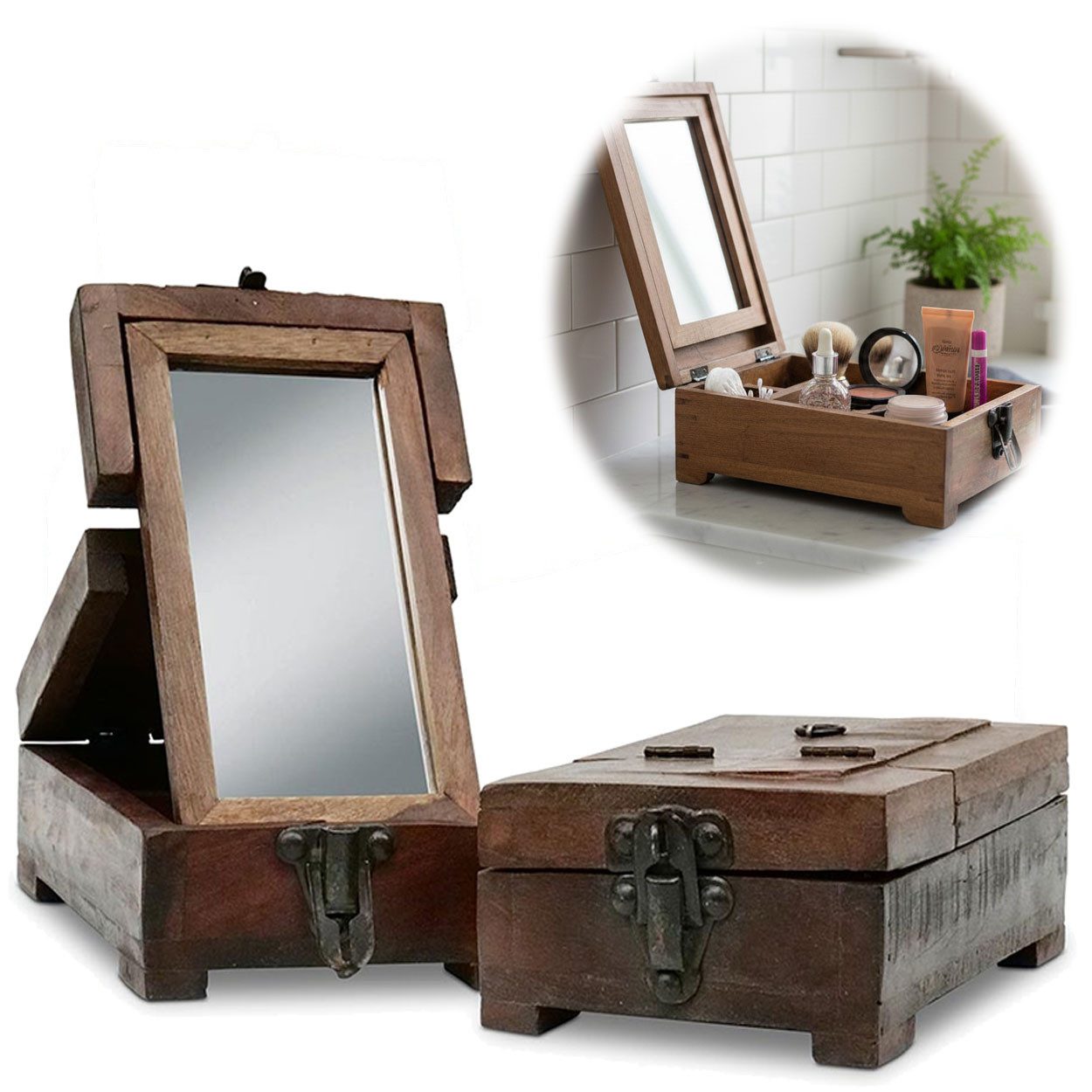 LS-LebenStil Schmuckkasten Barber Utensilienbox Teak Holz 22x13cm Rasierbox Schmuckschatulle (Vintage Rasierbox mit Spiegel und Deckel und 3 Fächern, 1 St., ideal auch als Makeup Organizer, Aufbewahrungsbox Schmuckschatulle), Exklusive und universal einsetzbare Box