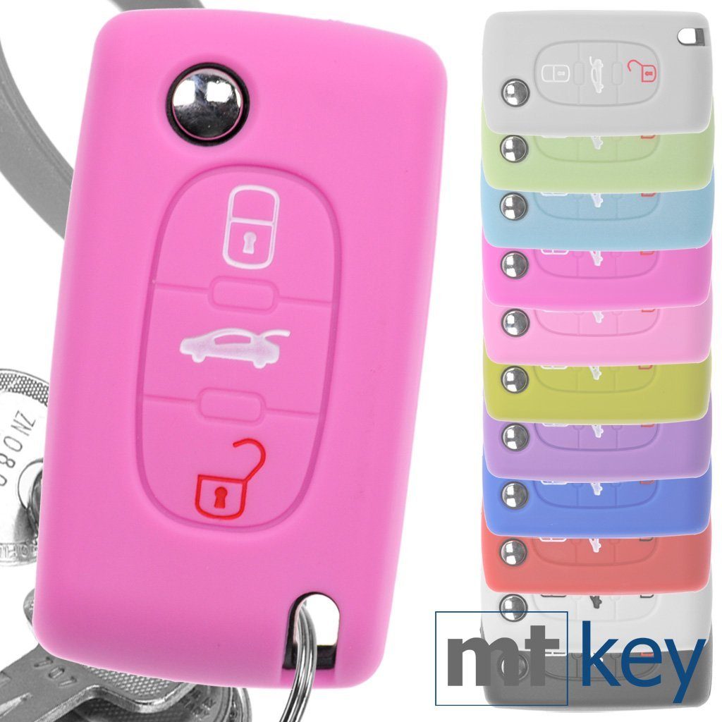 mt-key Schlüsseltasche Autoschlüssel Softcase Silikon Schutzhülle Rosa, für Peugeot 307 308 I 407 Expert RCZ Citroen C4 C5 III 3 Tasten